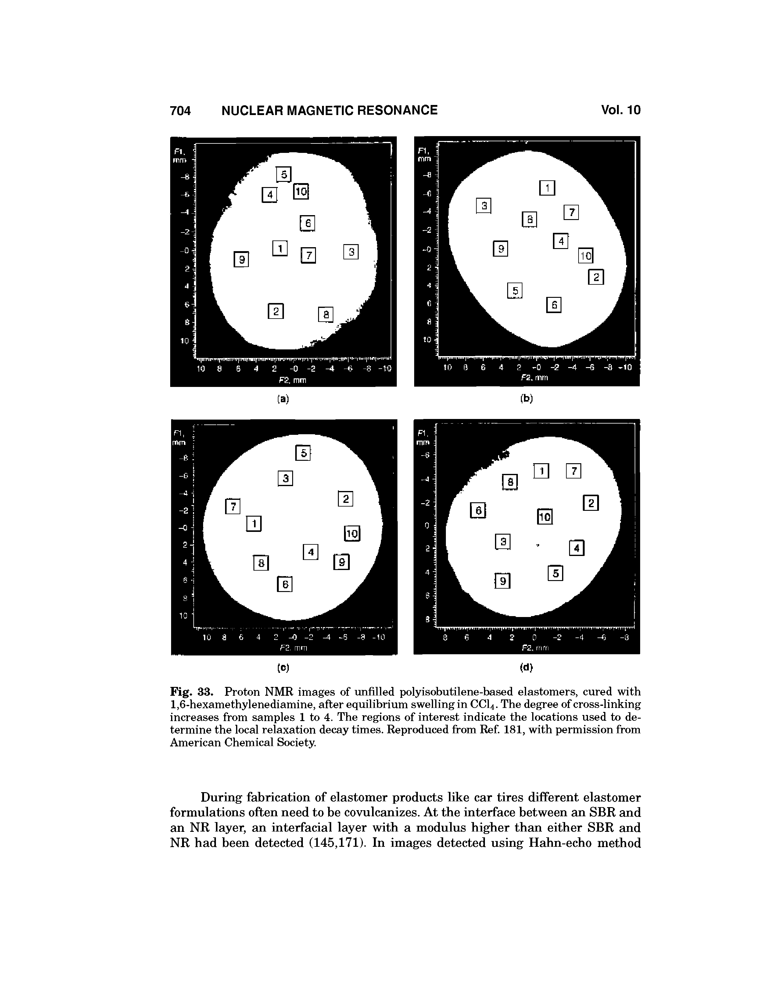 Fig. 33. Proton NMR images of unfilled polyisobutilene-based elastomers, cured with 1,6-hexamethylenediamine, after equilibrium swelling in CCI4. The degree of cross-linking increases from samples 1 to 4. The regions of interest indicate the locations used to determine the local relaxation decay times. Reproduced from Ref 181, with permission from American Chemical Society...