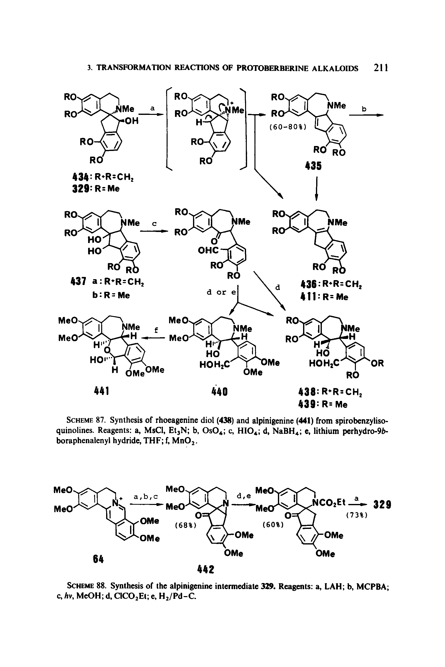 Scheme 87. Synthesis of rhoeagenine diol (438) and alpinigenine (441) from spirobenzyliso-quinolines. Reagents a, MsCl, Et3N b, OsOA c, HI04 d, NaBH4 e, lithium perhydro-%-boraphenalenyl hydride, THF f, Mn02.