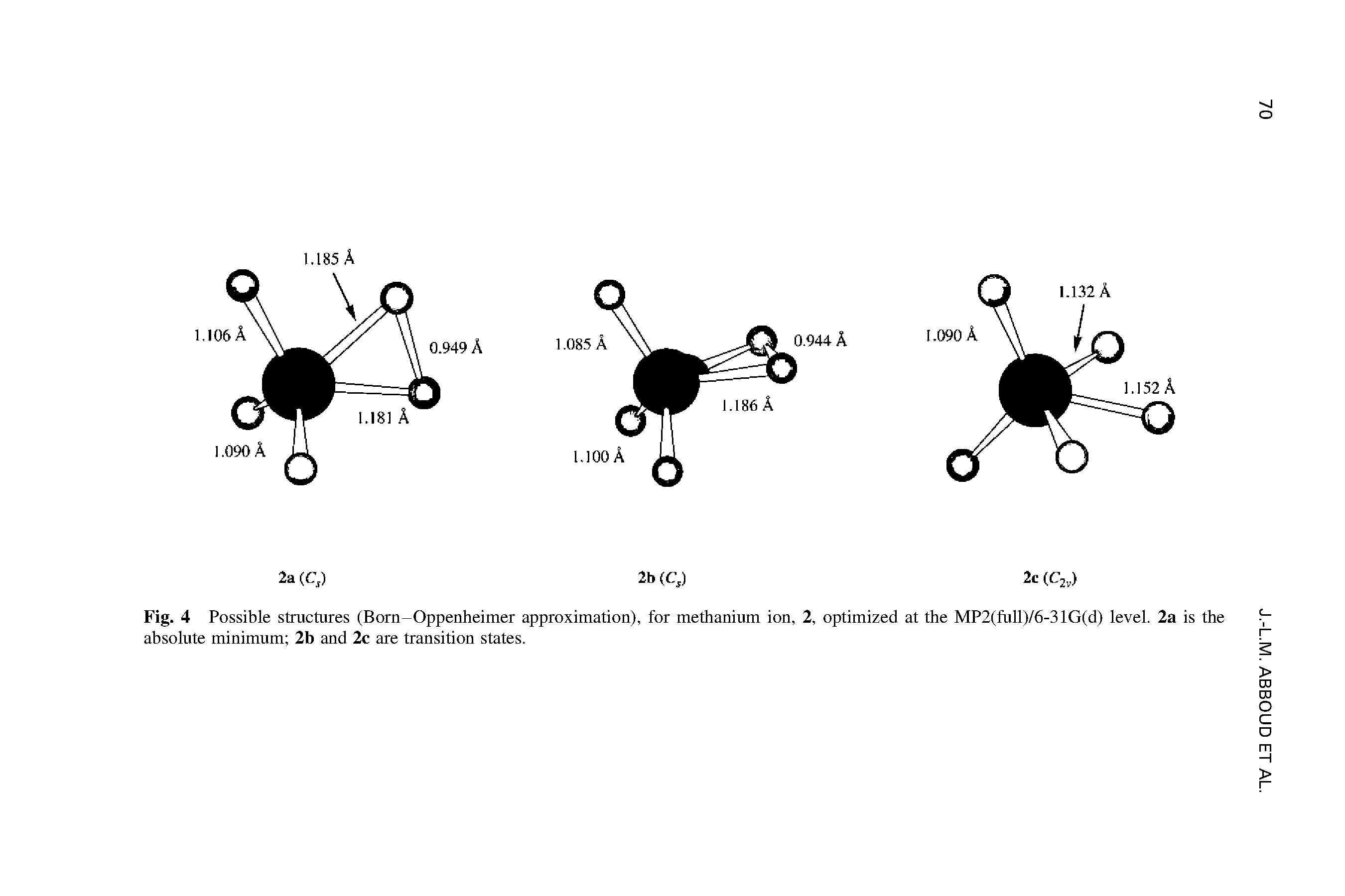Fig. 4 Possible structures (Born-Oppenheimer approximation), for methanium ion, 2, optimized at the MP2(full)/6-31G(d) level. 2a is the absolute minimum 2b and 2c are transition states.