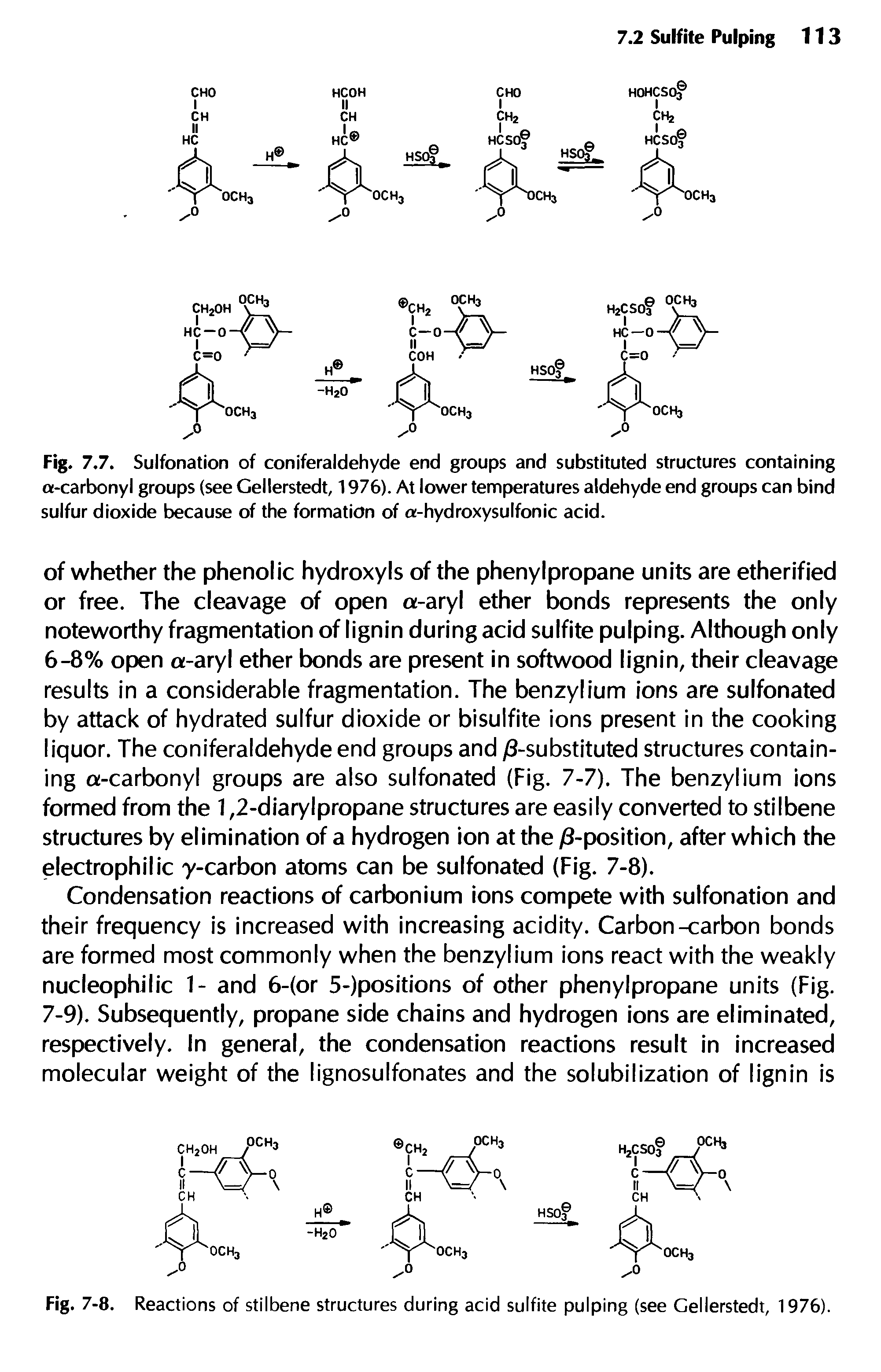 Fig. 7.7. Sulfonation of coniferaldehyde end groups and substituted structures containing a-carbonyl groups (see Gellerstedt, 1976). At lower temperatures aldehyde end groups can bind sulfur dioxide because of the formation of a-hydroxysulfonic acid.