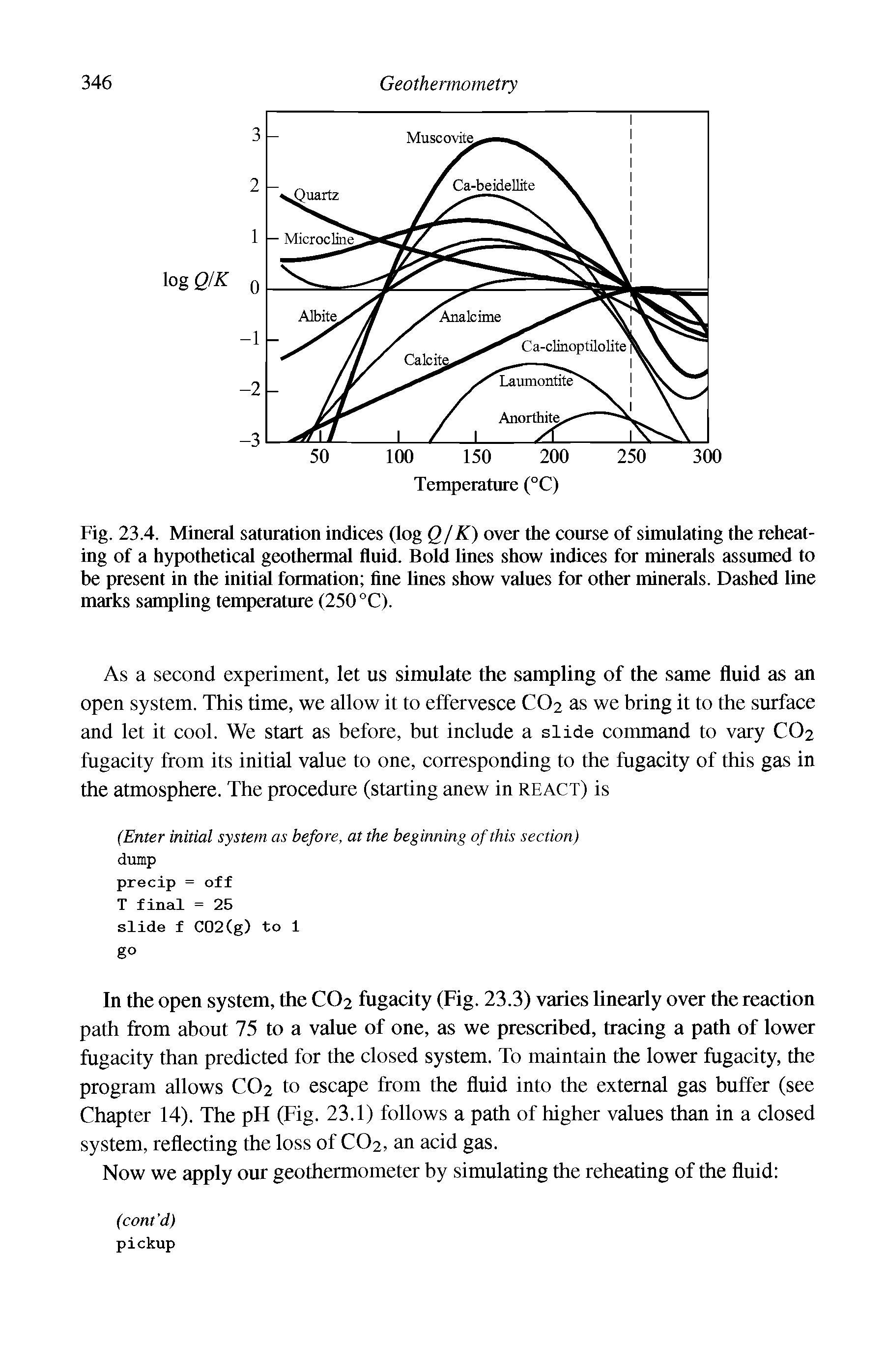 Fig. 23.4. Mineral saturation indices (log Q/K) over the course of simulating the reheating of a hypothetical geothermal fluid. Bold lines show indices for minerals assumed to be present in the initial formation fine lines show values for other minerals. Dashed line marks sampling temperature (250 °C).
