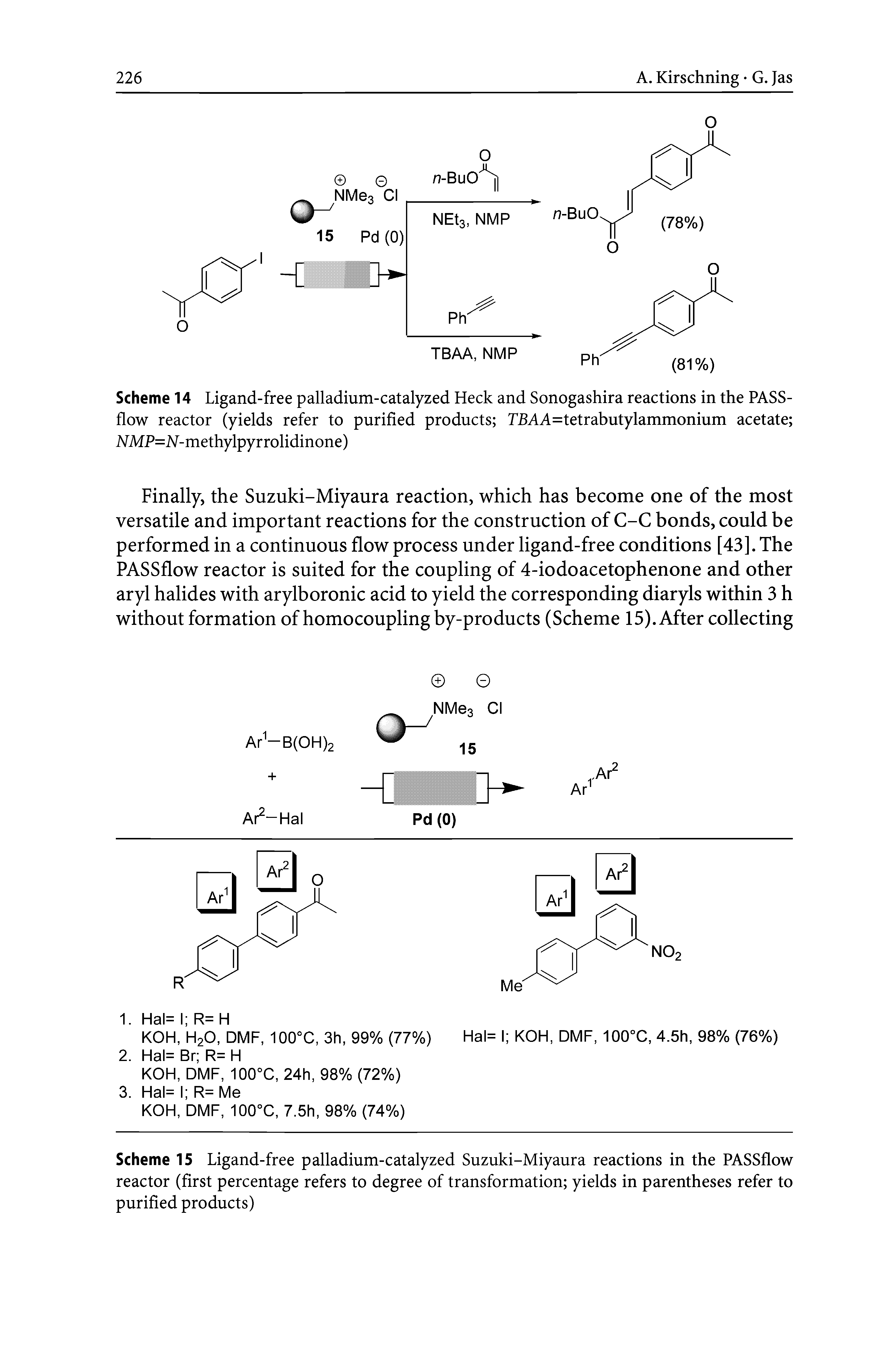 Scheme 15 Ligand-free palladium-catalyzed Suzuki-Miyaura reactions in the PASSflow reactor (first percentage refers to degree of transformation yields in parentheses refer to purified products)...
