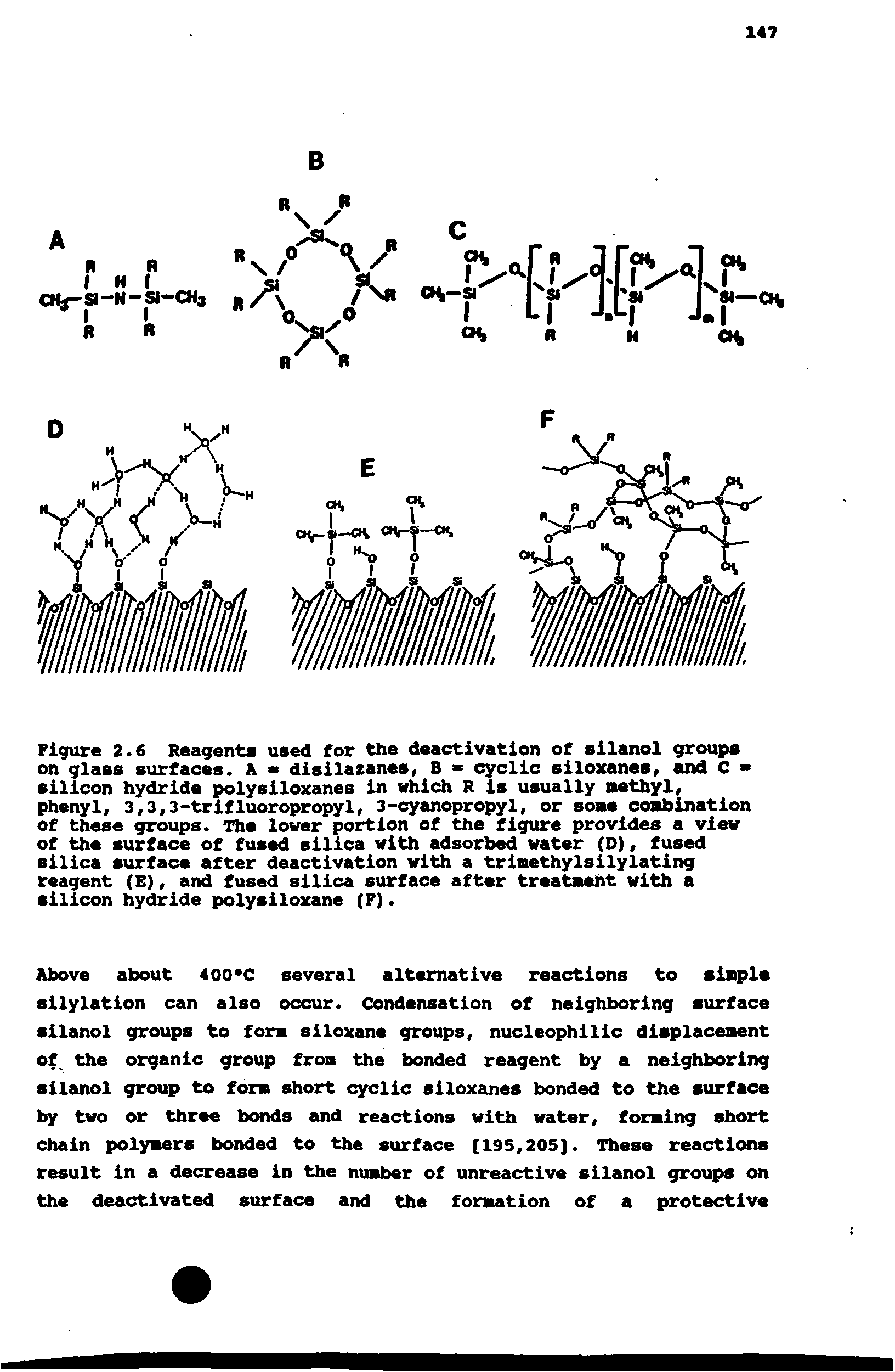 Figure 2.6 Reagents used for the deactivation of silanol groups on glass surfaces. A - disilazanes, B > cyclic siloxanes, and C -silicon hydride polysiloxanes in which R is usually methyl, phenyl, 3,3,3-trifluoropropyl, 3-cyanopropyl, or some combination of these groups. The lover portion of the figure provides a view of the surface of fused silica with adsorbed water (D), fused silica surface after deactivation with a trimethylsilylating reagent (E), and fused silica surface after treatment with a silicon hydride polysiloxane (F).
