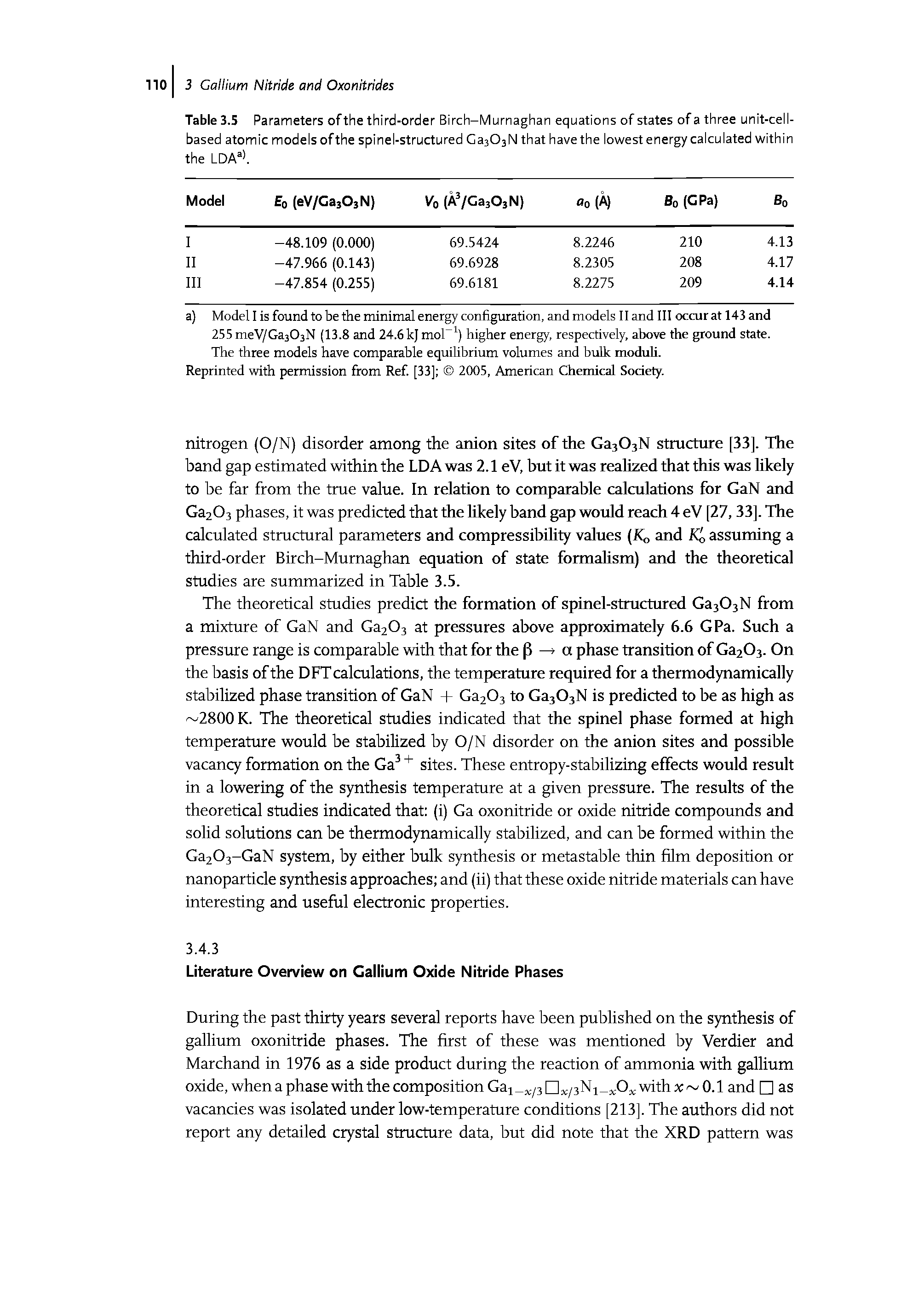 Table 3.5 Parameters of the third-order Birch-Murnaghan equations of states of a three unit-ceii-based atomic modeisofthe spinei-structured Ca303N that have the lowestenergy calculated within the LDA >.