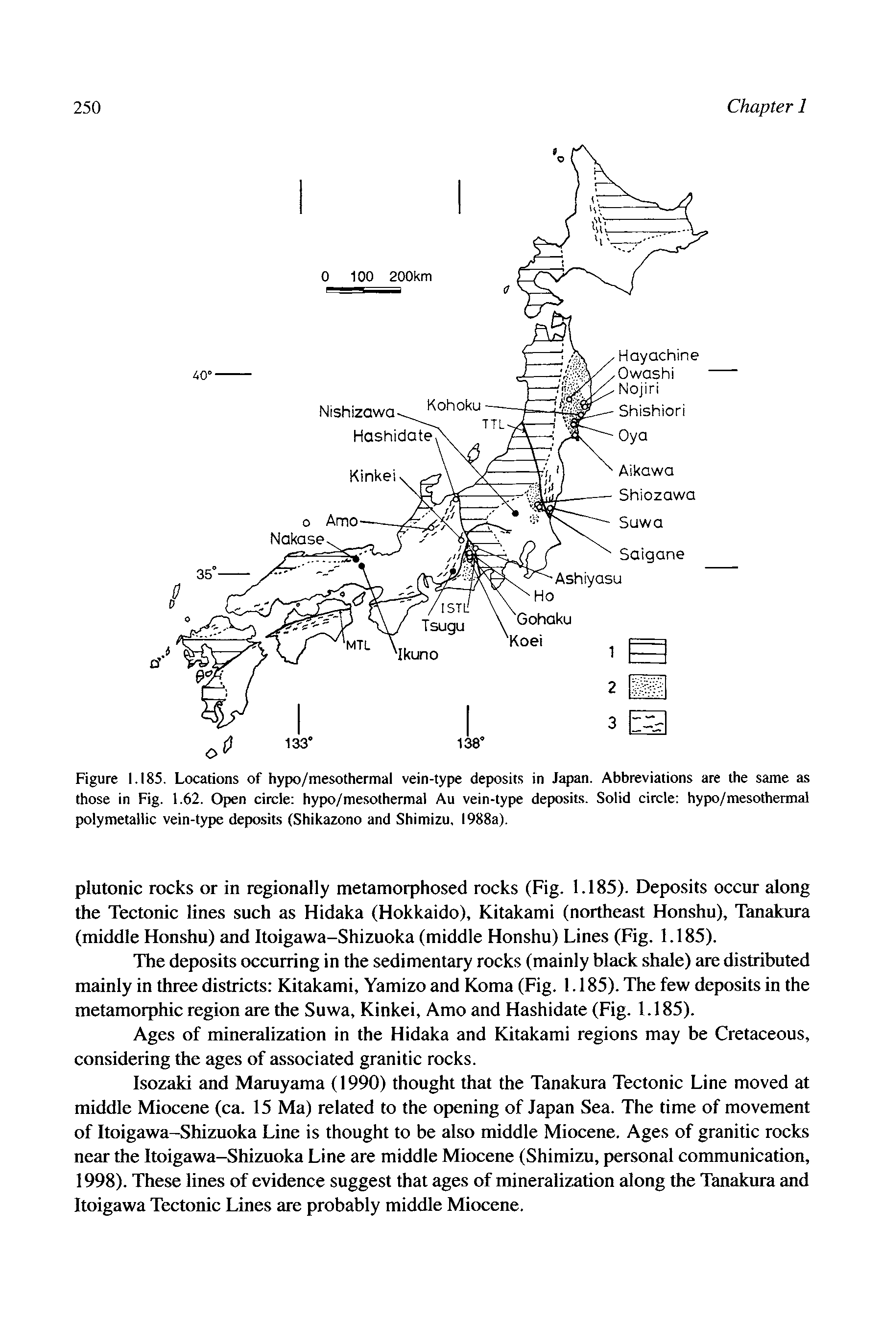 Figure 1.185. Locations of hypo/mesothermal vein-type deposits in Japan. Abbreviations are the same as those in Fig. 1.62. Open circle hypo/mesothermal Au vein-type deposits. Solid circle hypo/mesothermal polymetallic vein-type deposits (Shikazono and Shimizu, 1988a).