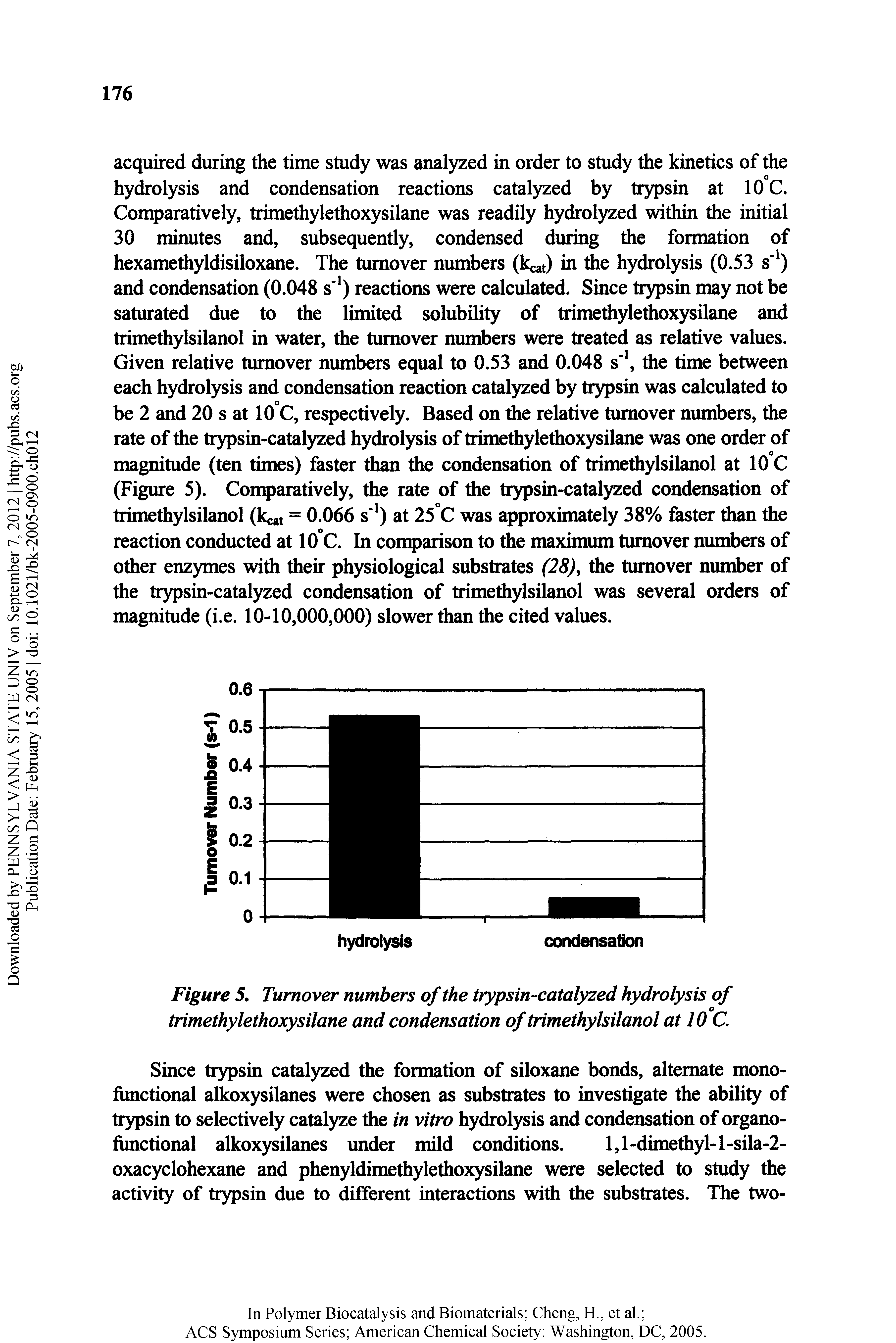 Figure 5. Turnover numbers of the trypsin-catalyzed hydrolysis of trimethylethoxysilane and condensation of trimethylsilanol at 10 C.