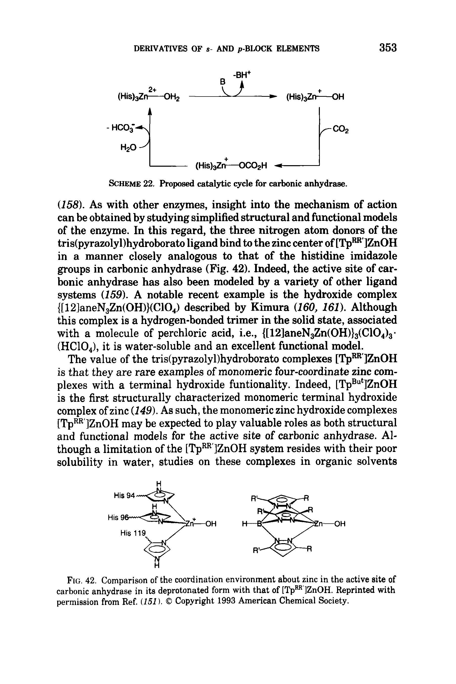 Fig. 42. Comparison of the coordination environment about zinc in the active site of carbonic anhydrase in its deprotonated form with that of [TpRR ]ZnOH. Reprinted with permission from Ref. (151). Copyright 1993 American Chemical Society.