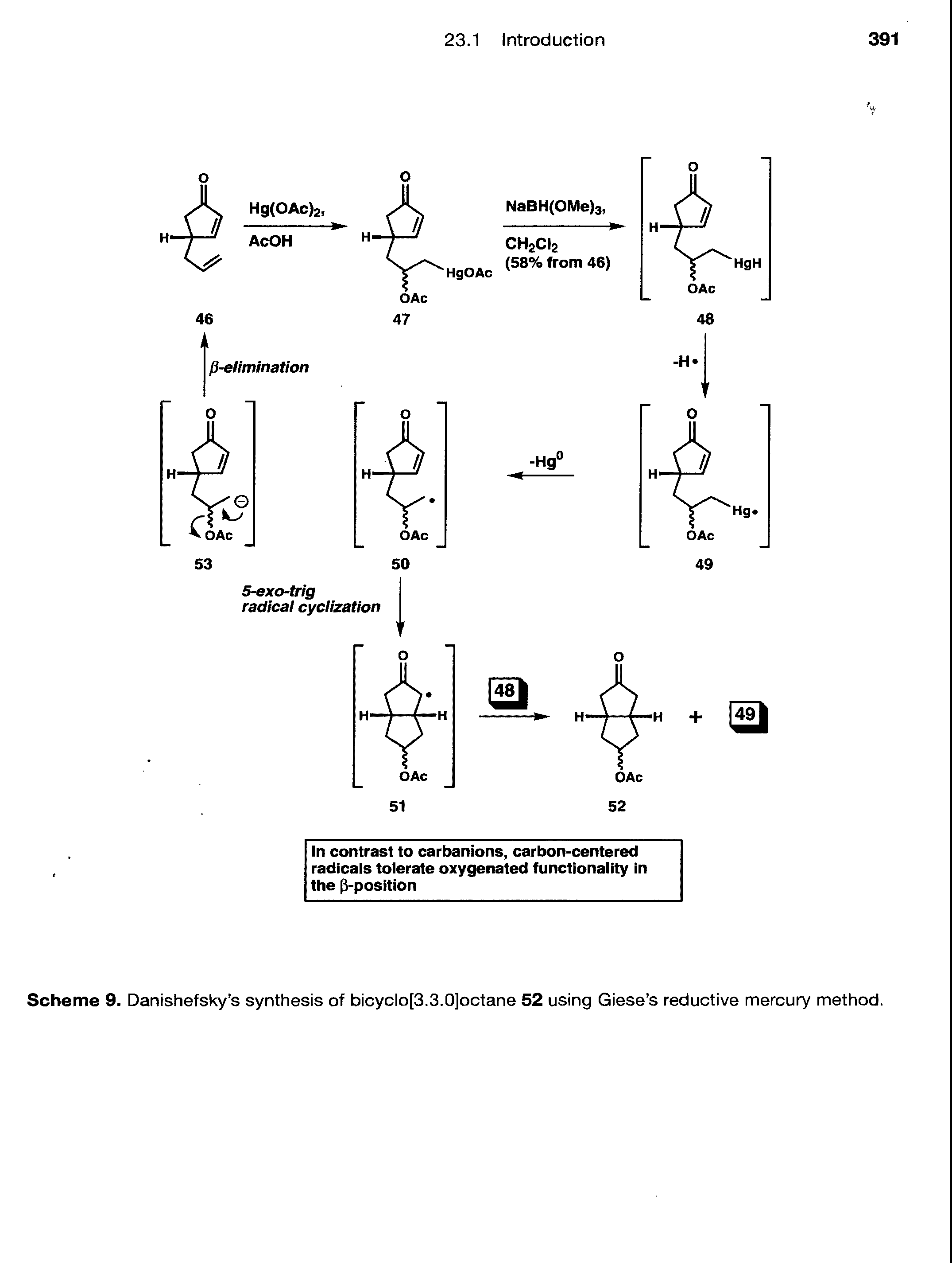 Scheme 9. Danishefsky s synthesis of bicyclo[3.3.0]octane 52 using Giese s reductive mercury method.