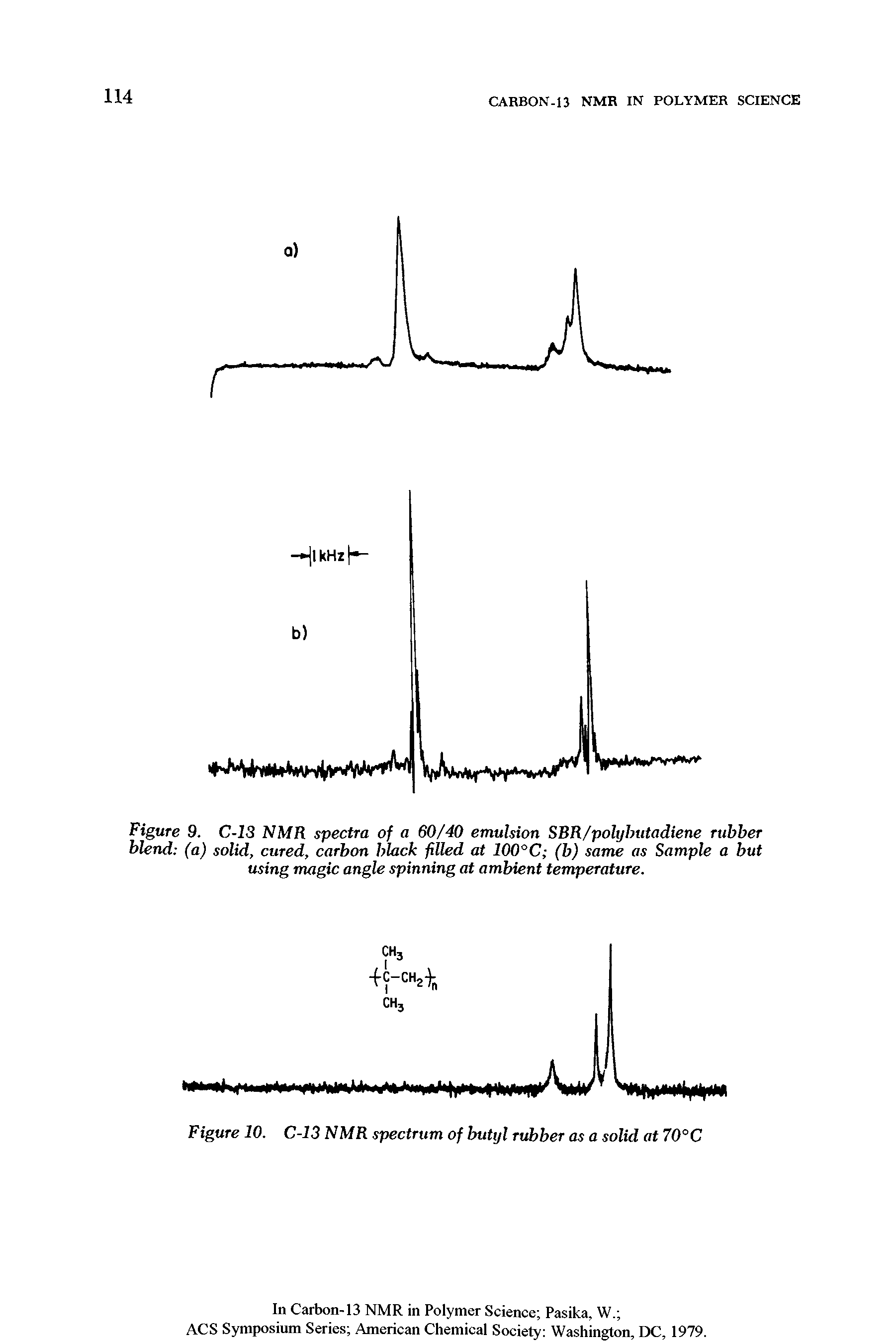 Figure 9. C-13 NMR spectra of a 60/40 emulsion SBR/polijbutadiene rubber blend (a) solid, cured, carbon black filled at 100°C (b) same as Sample a but using magic angle spinning at ambient temperature.