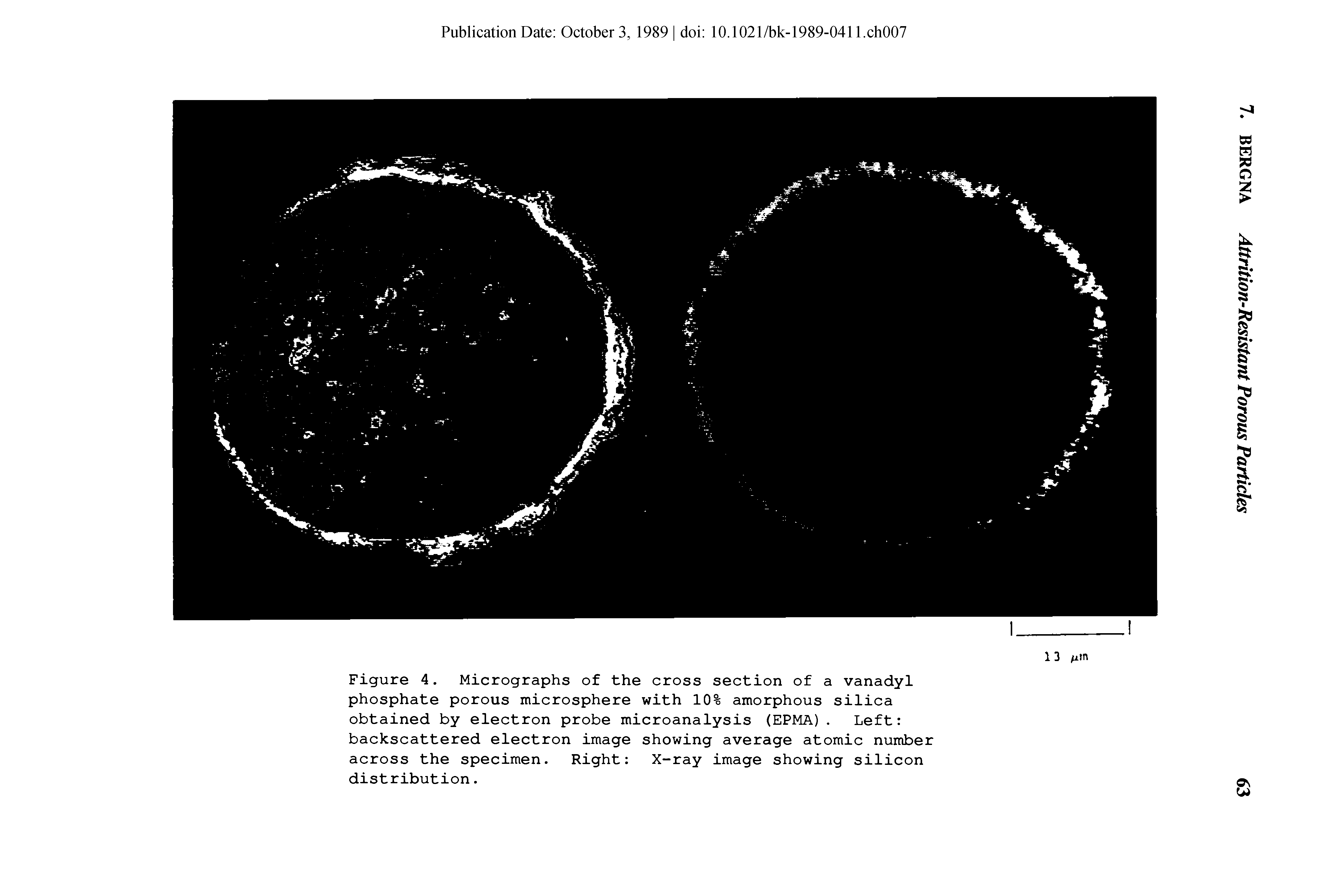 Figure 4. Micrographs of the cross section of a vanadyl phosphate porous microsphere with 10% amorphous silica obtained by electron probe microanalysis (EPMA). Left backscattered electron image showing average atomic number across the specimen. Right X-ray image showing silicon distribution.
