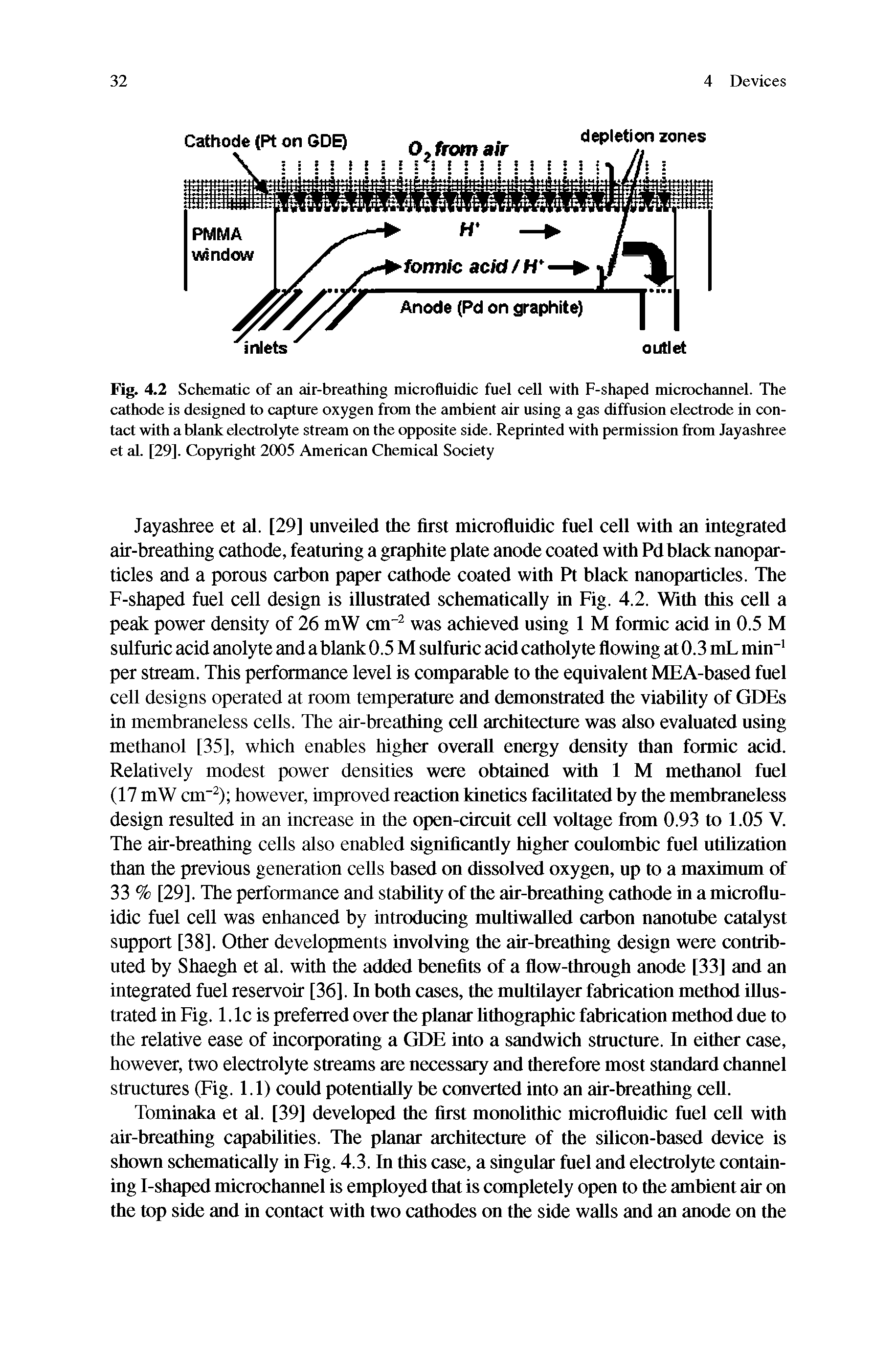 Fig. 4.2 Schematic of an air-breathing microfluidic fuel cell with F-shaped microchannel. The cathode is designed to capture oxygen from the ambient air using a gas diffusion electrode in contact with a blank electrolyte stream on the opposite side. Reprinted with permission from Jayashree et aL [29]. Copyright 2005 American Chemiceil Society...