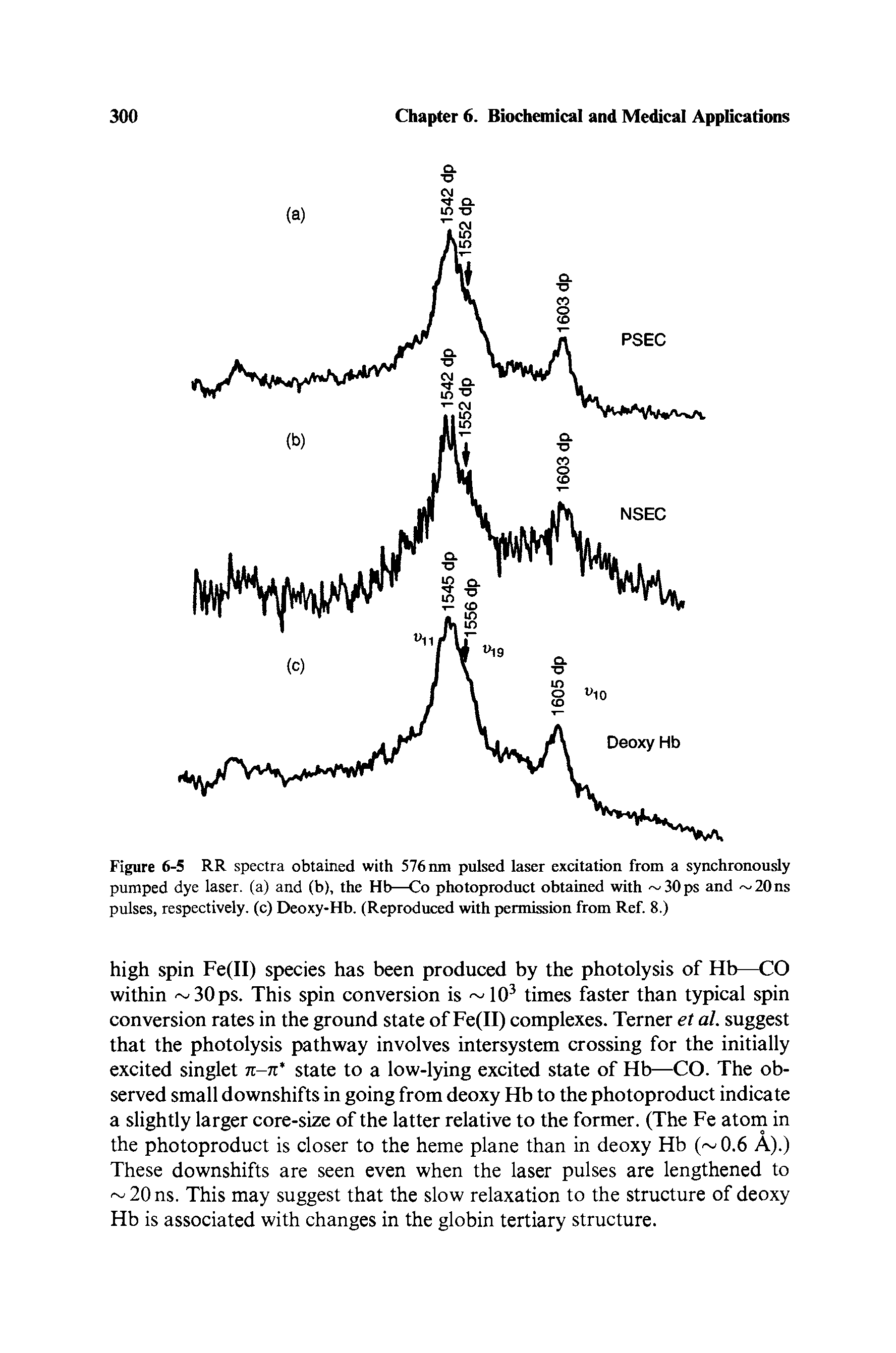 Figure 6-5 RR spectra obtained with 576 nm pulsed laser excitation from a synchronously pumped dye laser, (a) and (b), the Hb—Co photoproduct obtained with 30ps and 20ns pulses, respectively, (c) Deoxy-Hb. (Reproduced with permission from Ref. 8.)...