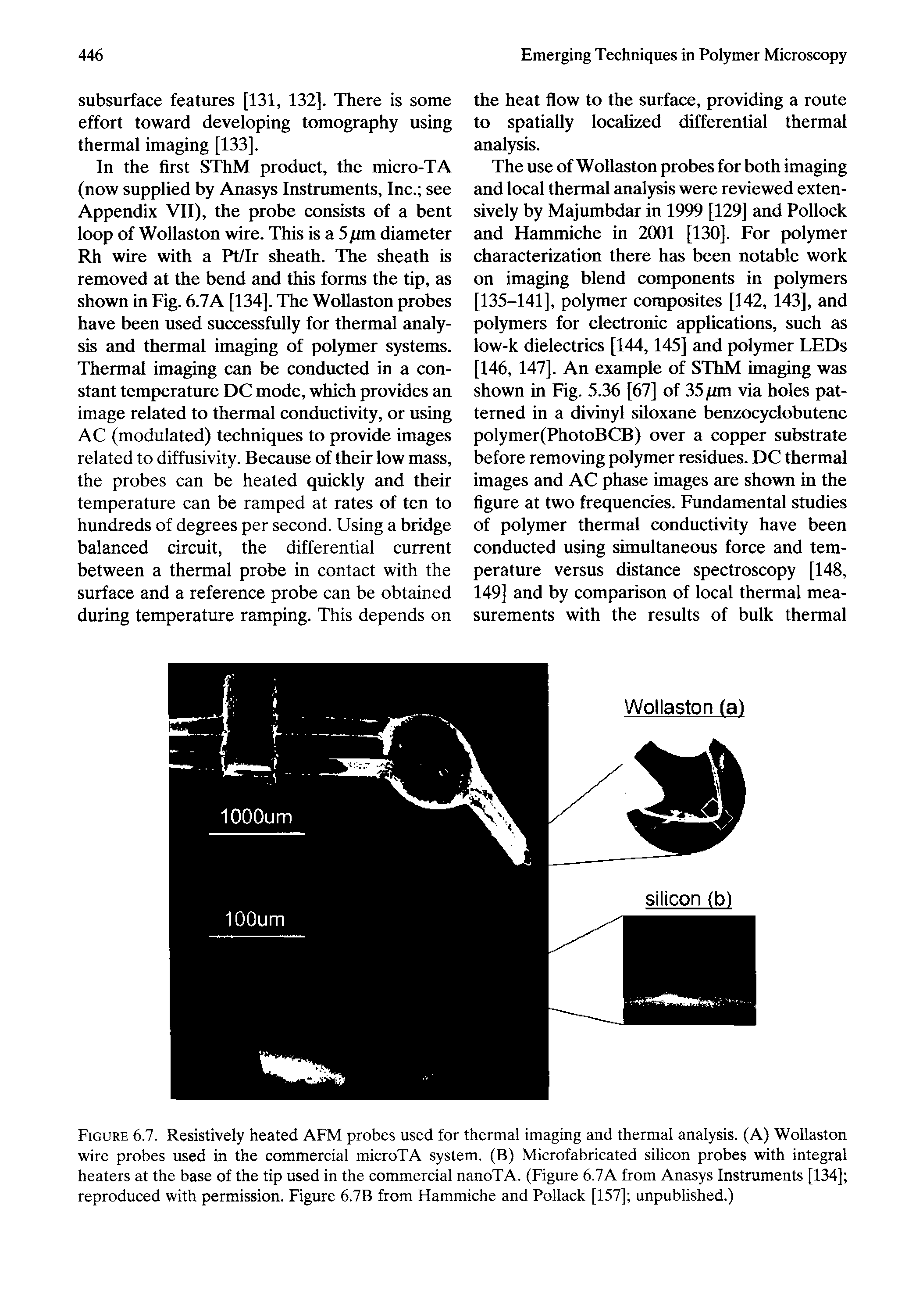 Figure 6.7. Resistively heated AFM probes used for thermal imaging and thermal analysis. (A) Wollaston wire probes used in the commercial microTA system. (B) Microfabricated silicon probes with integral heaters at the base of the tip used in the commercial nanoTA. (Figure 6.7A from Anasys Instruments [134] reproduced with permission. Figure 6.7B from Hammiche and Pollack [157] unpublished.)...