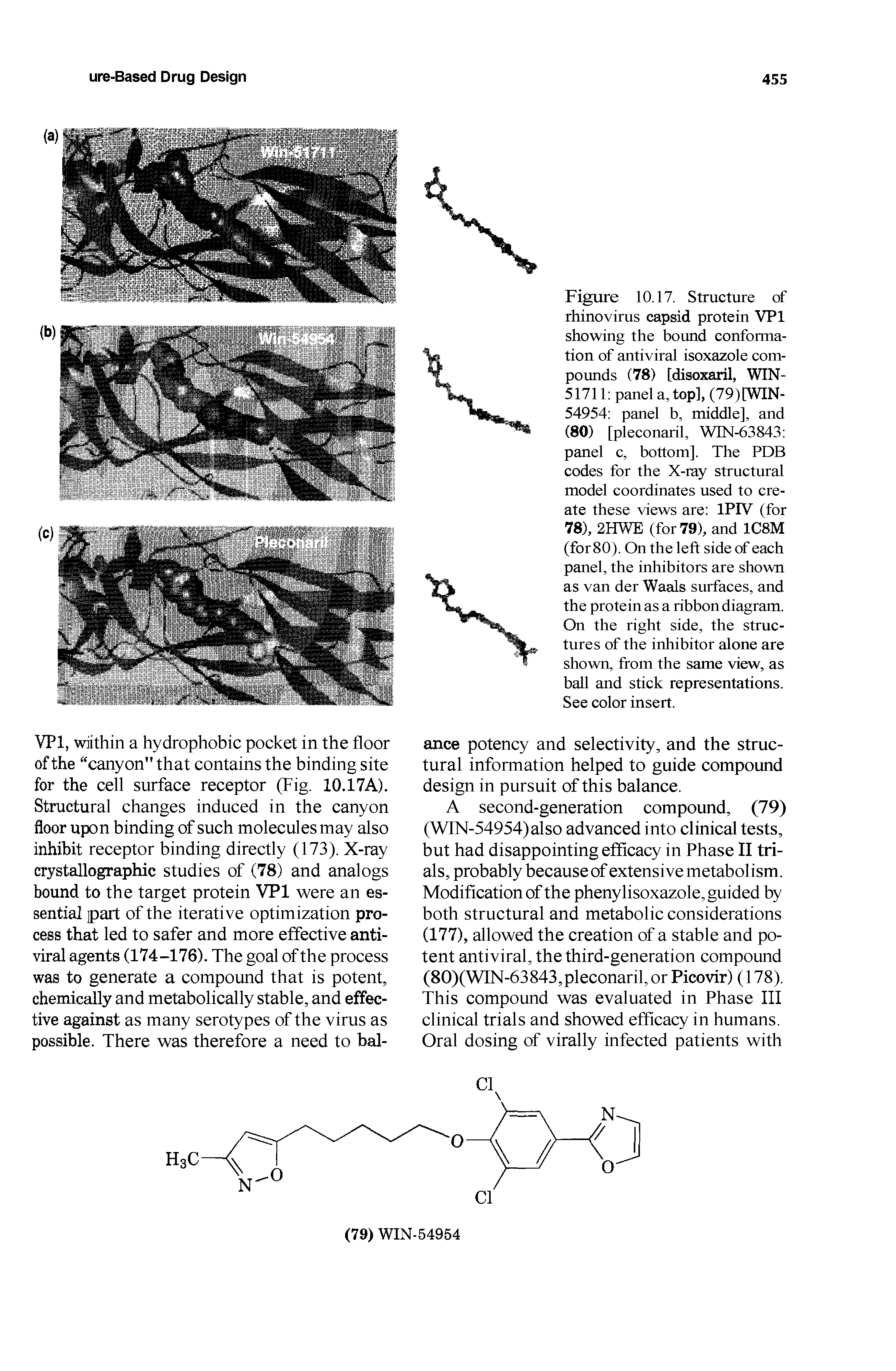 Figure 10.17. Structure of rhino virus capsid protein VPl showing the bound conformation of antiviral isoxazole compounds (78) tdisoxaril, WIN-51711 panel a, top], (79)tWIN-54954 panel b, middle], and (80) [pleconaril, WIN-63843 panel c, bottom]. The PDB codes for the X-ray structural model coordinates used to create these views are IPIV (for 78), 2HWE (for 79), and 1C8M (for 80). On the left side of each panel, the inhibitors are shown as van der Waals surfaces, and the protein as a ribbon diagram. On the right side, the structures of the inhibitor alone are shown, from the same view, as ball and stick representations. See color insert.