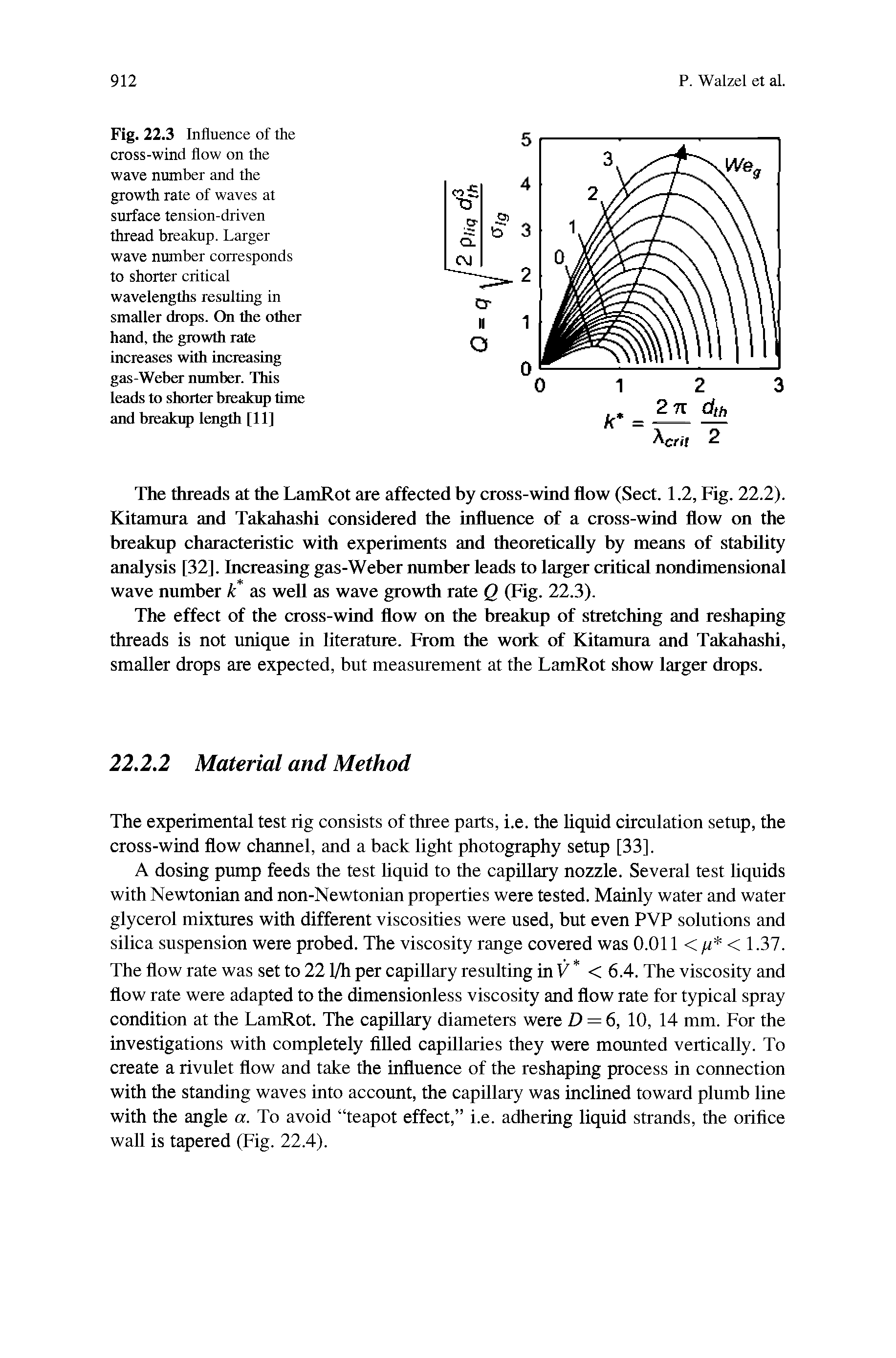 Fig. 22.3 Influence of the cross-wind flow on the wave number and the growth rate of waves at surface tension-driven thread breakup. Larger wave number corresponds to shorter critical wavelengths resulting in smaller drops. On the other hand, the growth rate increases with increasing gas-Weber number. This leads to shorter breakup time and breakup length [11]...