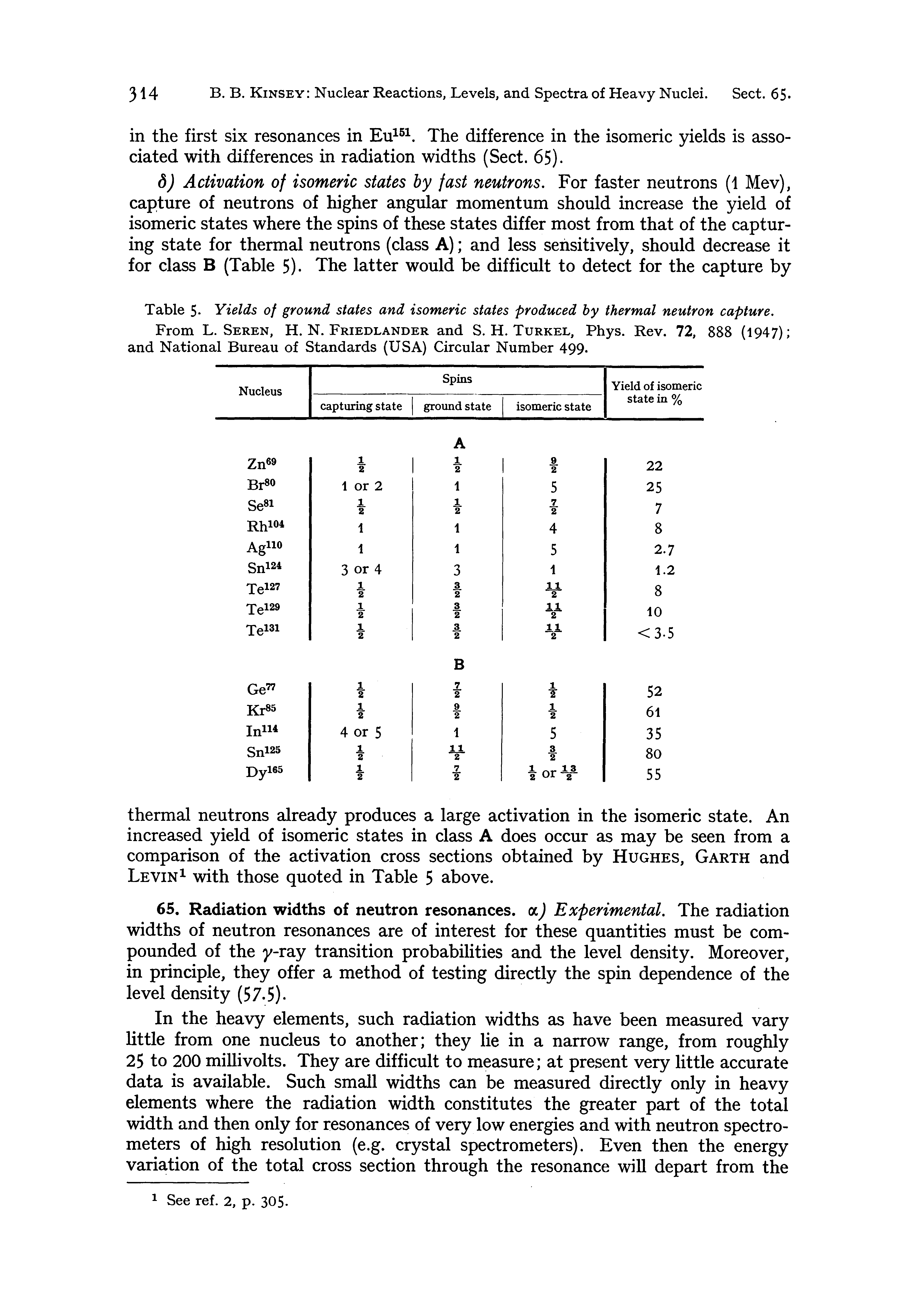 Table 5- Yields of ground states and isomeric states produced by thermal neutron capture. From L. Seren, H. N. Friedlander and S. H. Turkel, Phys. Rev. 72, 888 (1947) and National Bureau of Standards (USA) Circular Number 499-...