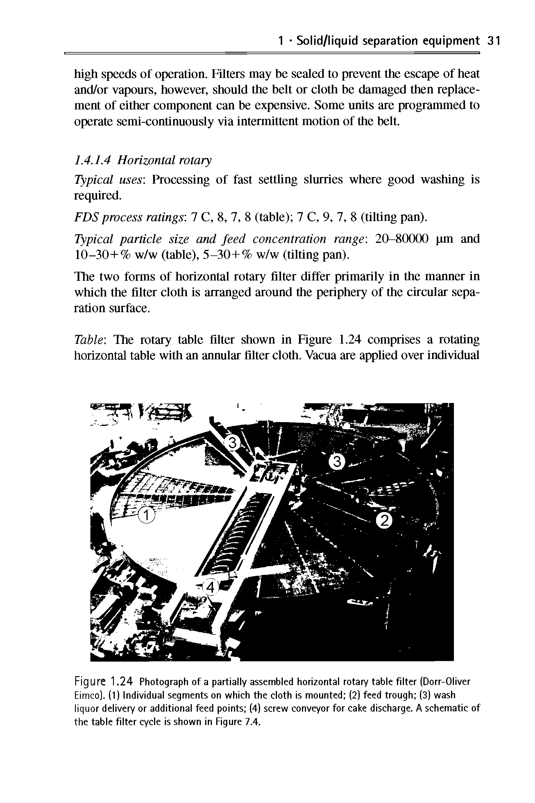 Figure 1.24 Photograph of a partially assembled horizontal rotary table filter (Dorr-Oliver Eimco). (1) Individual segments on whieh the cloth is mounted (2) feed trough (3) wrash liquor delivery or additional feed points (4) screwr conveyor for cake discharge. A schematic of the table filter cycle is shown in Figure 7.4.
