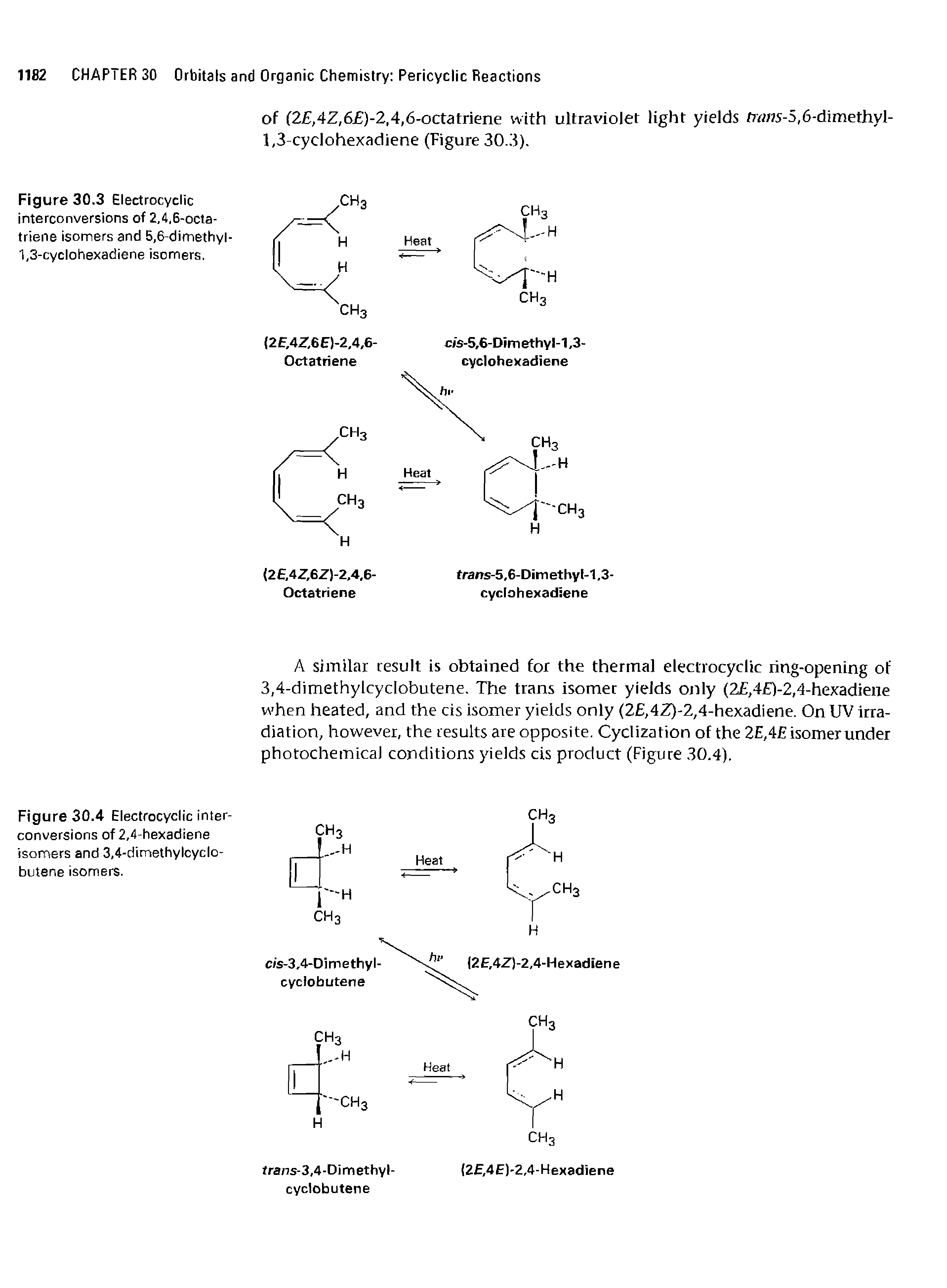 Figure 30.4 Electrocyclic interconversions of 2,4-hexadiene isomers and 3,4-dimethylcyclo-butene isomers.