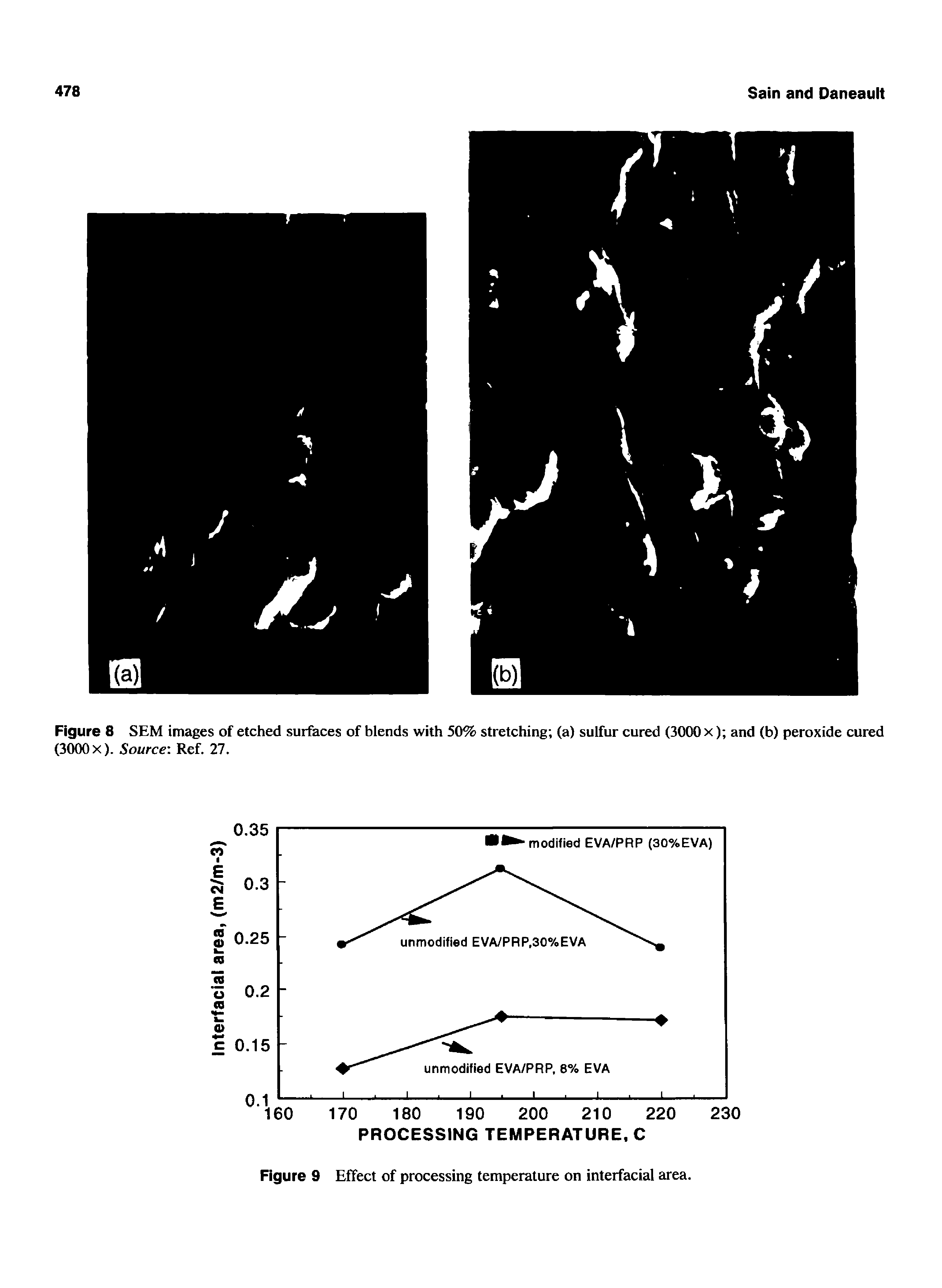 Figure 8 SEM images of etched surfaces of blends with 50% stretching (a) sulfur cured (3000 x) and (b) peroxide cured (3000 X). Source Ref. 27.