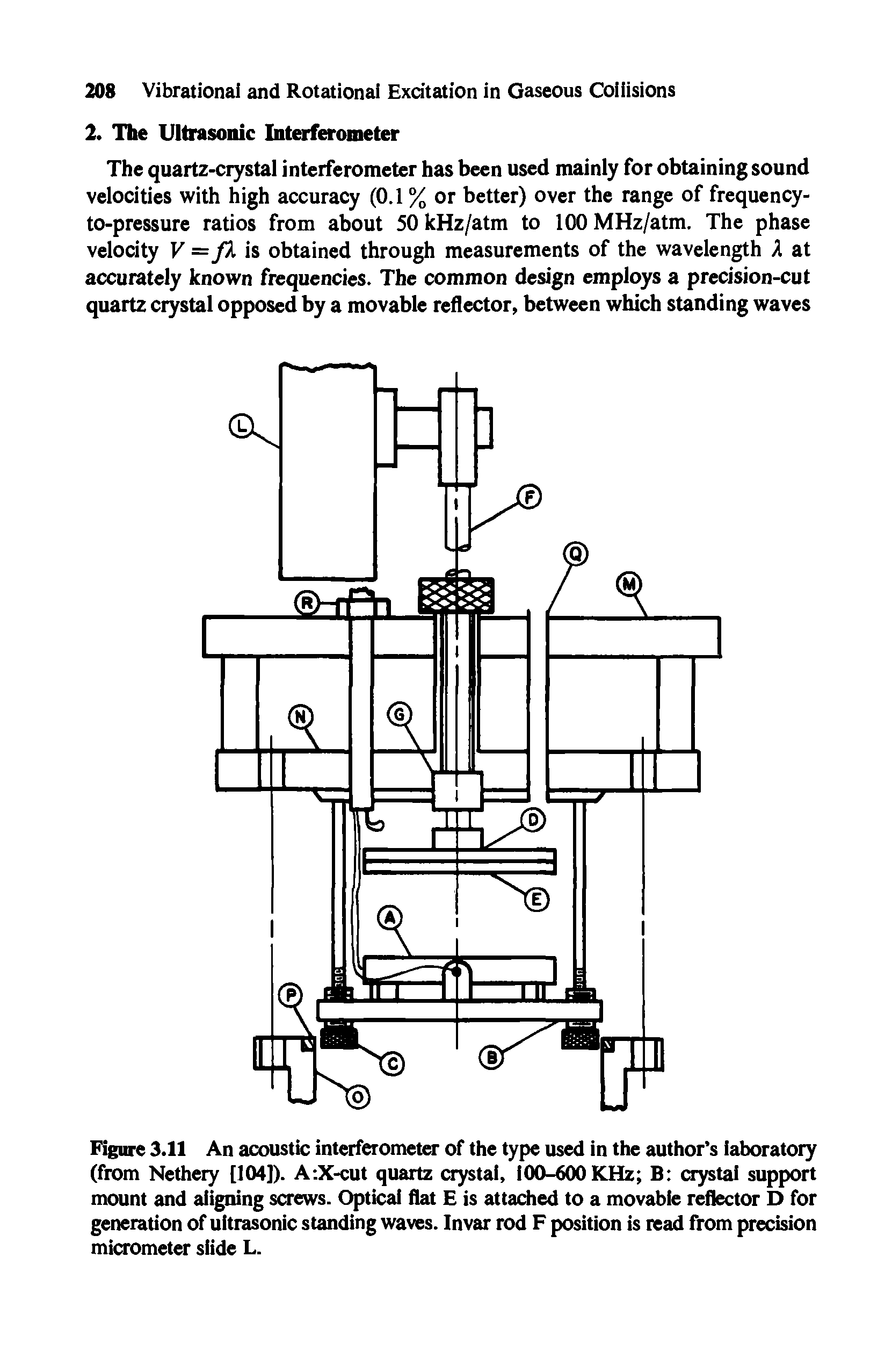 Figure 3.11 An acoustic interferometer of the type used in the author s laboratory (from Nethery [104]). A X-cut quartz crystal, 100-600 KHz B crystal support mount and aligning screws. Optical flat E is attached to a movable reflector D for generation of ultrasonic standing waves. Invar rod F position is read from precision micrometer slide L.