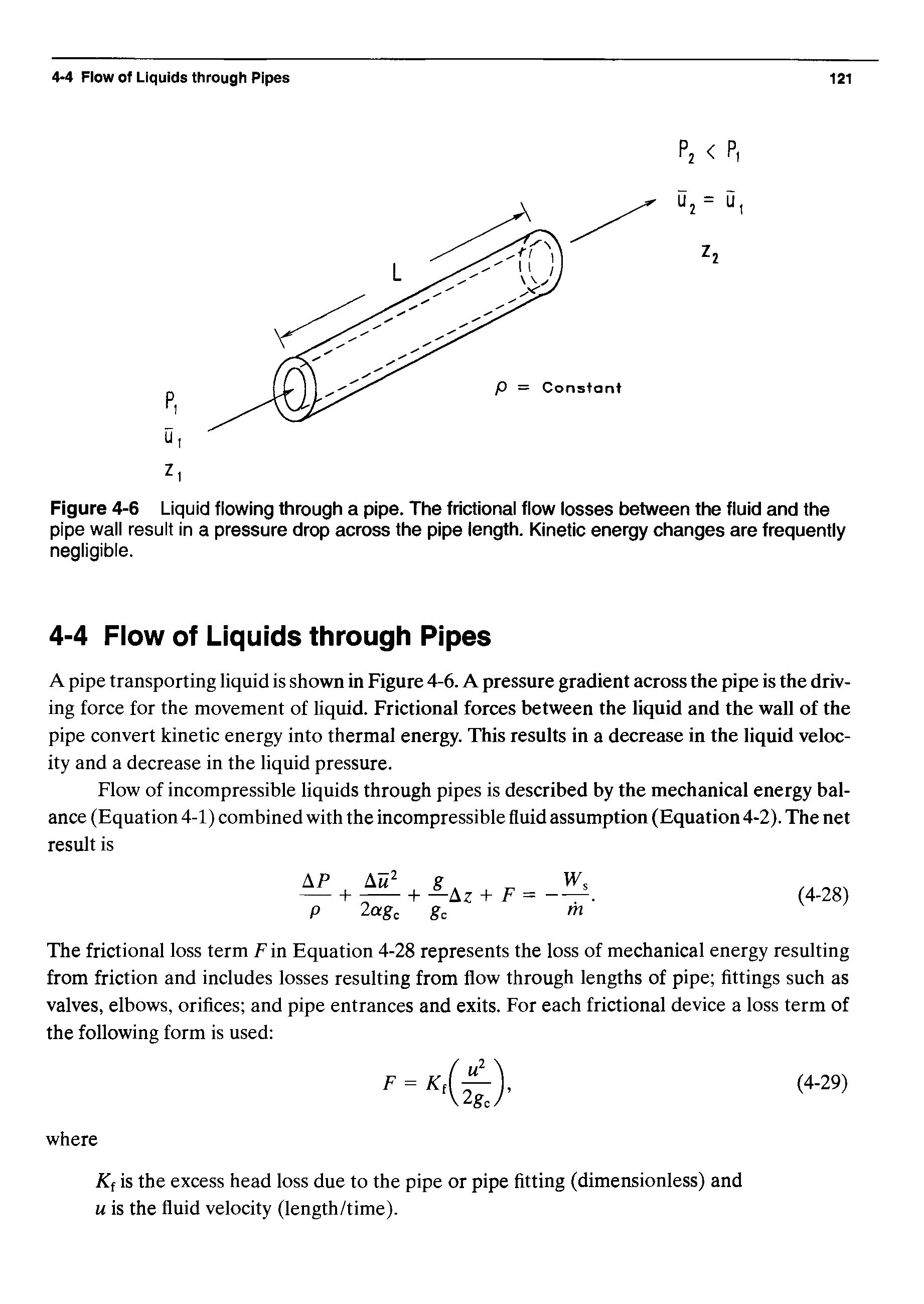 Figure 4-6 Liquid flowing through a pipe. The frictional flow losses between the fluid and the pipe wall result in a pressure drop across the pipe length. Kinetic energy changes are frequently negligible.