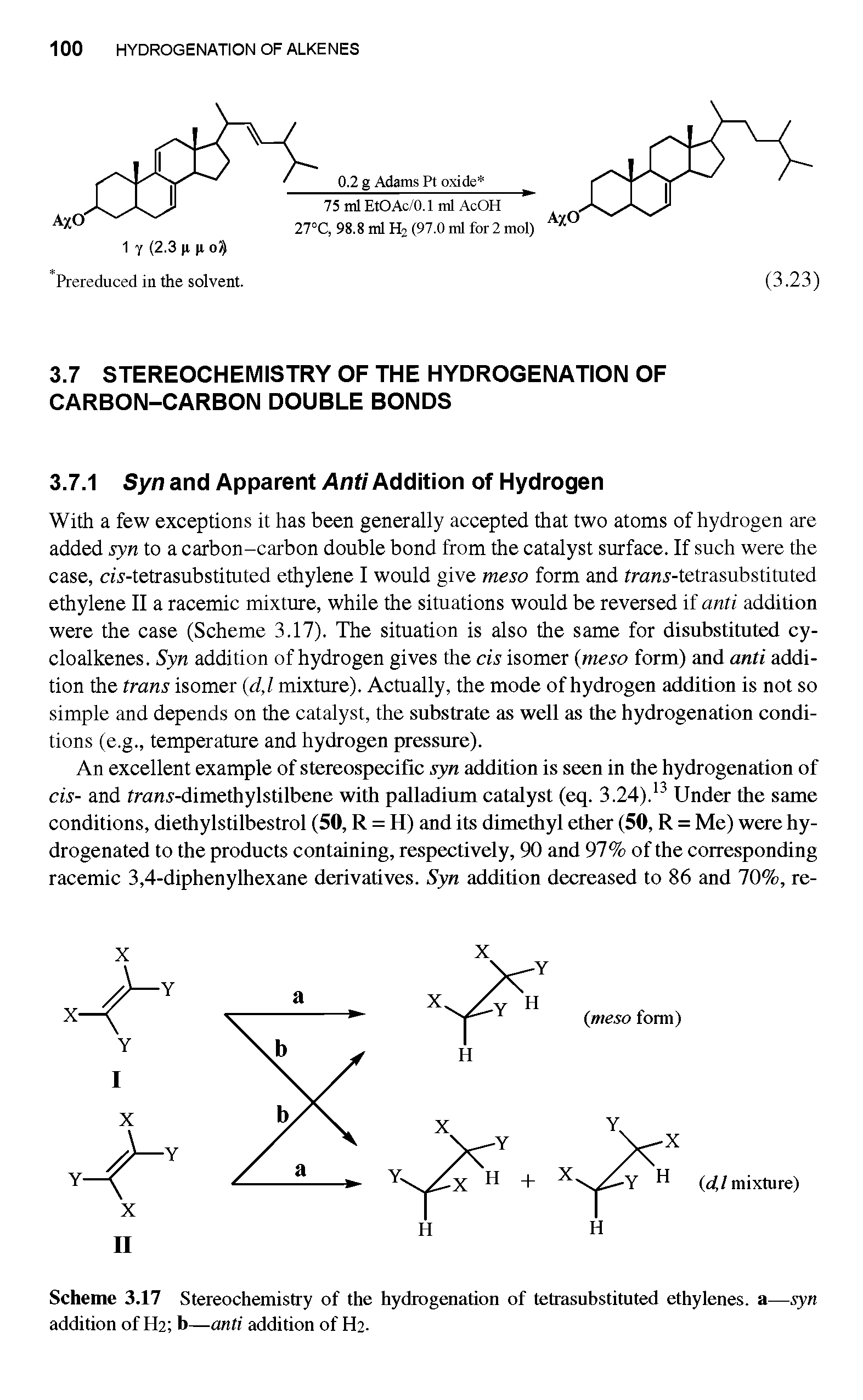 Scheme 3.17 Stereochemistry of the hydrogenation of tetrasubstituted ethylenes. a—syn addition of H2 b—anti addition of H2.