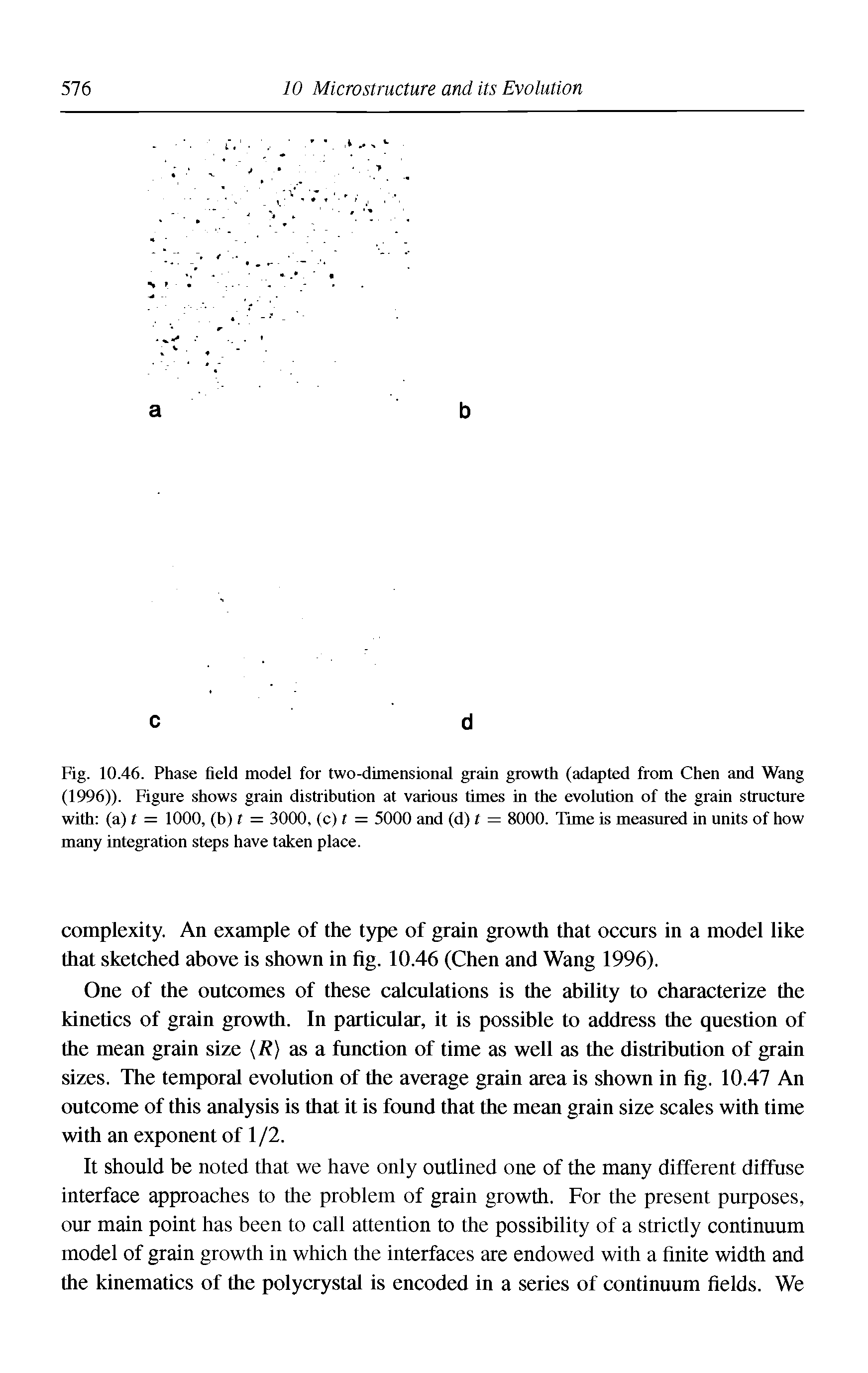 Fig. 10.46. Phase field model for two-dimensional grain growth (adapted from Chen and Wang (1996)). Figure shows grain distribution at various times in the evolution of the grain structure with (a) t = 1000, (b) t = 3000, (c) t = 5000 and (d) t = 8000. Time is measured in units of how many integration steps have taken place.