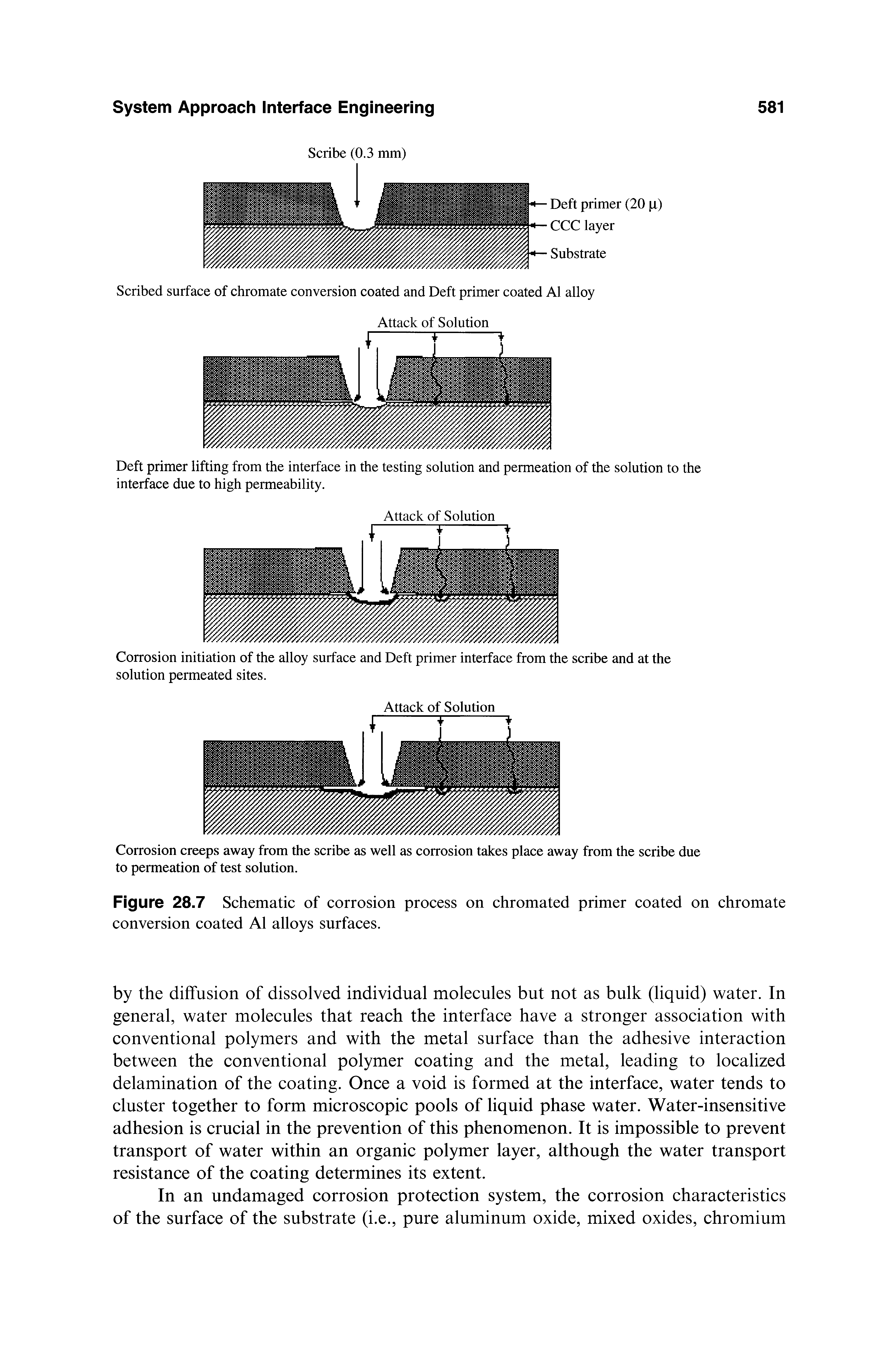 Figure 28.7 Schematic of corrosion process on chromated primer coated on chromate conversion coated A1 alloys surfaces.