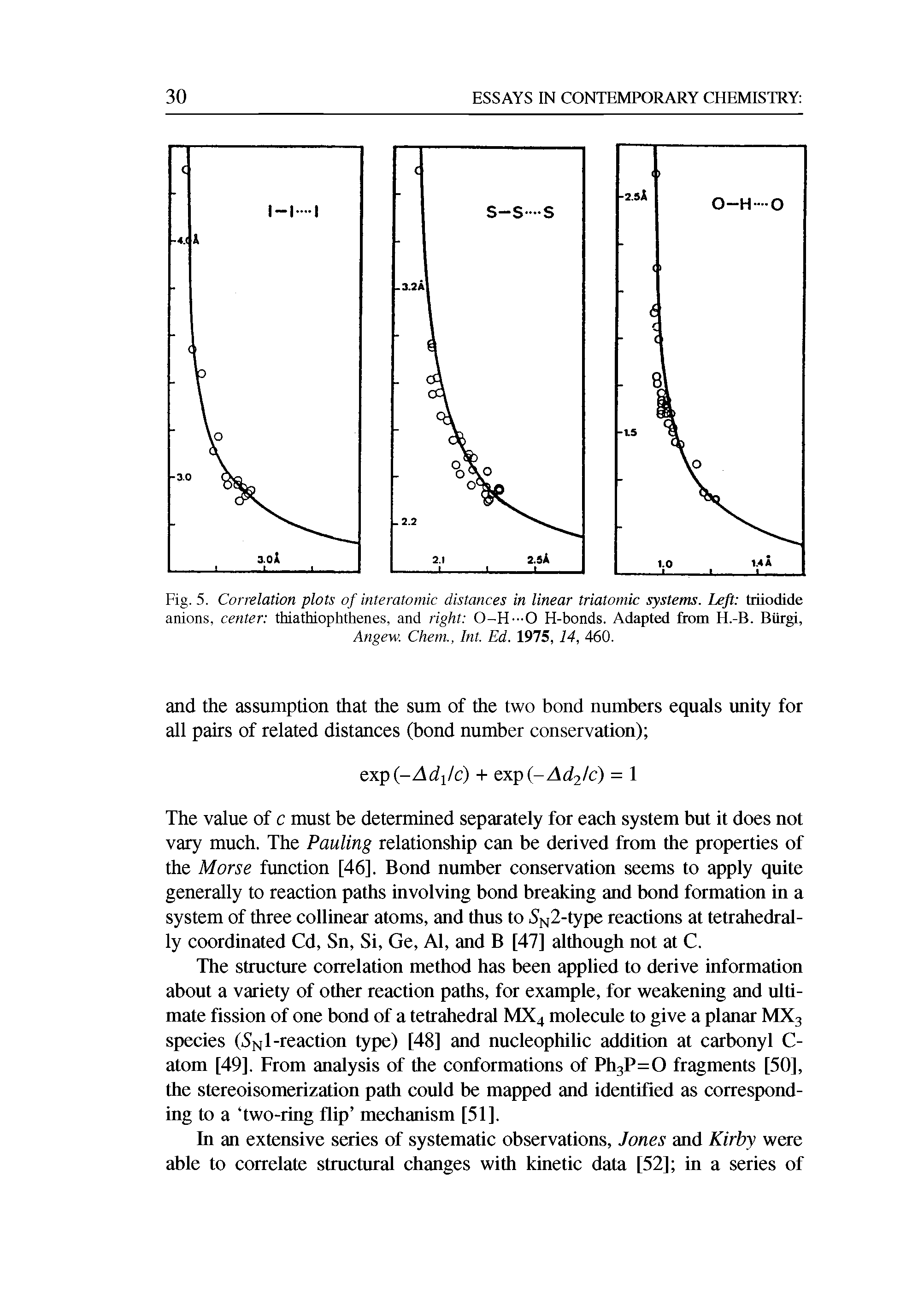 Fig. 5. Correlation plots of interatomic distances in linear triatomic systems. Left triiodide anions, center thiathiophthenes, and right O-H—O H-bonds. Adapted from H.-B. Biirgi, Angew. Chem., Int. Ed. 1975,14, 460.