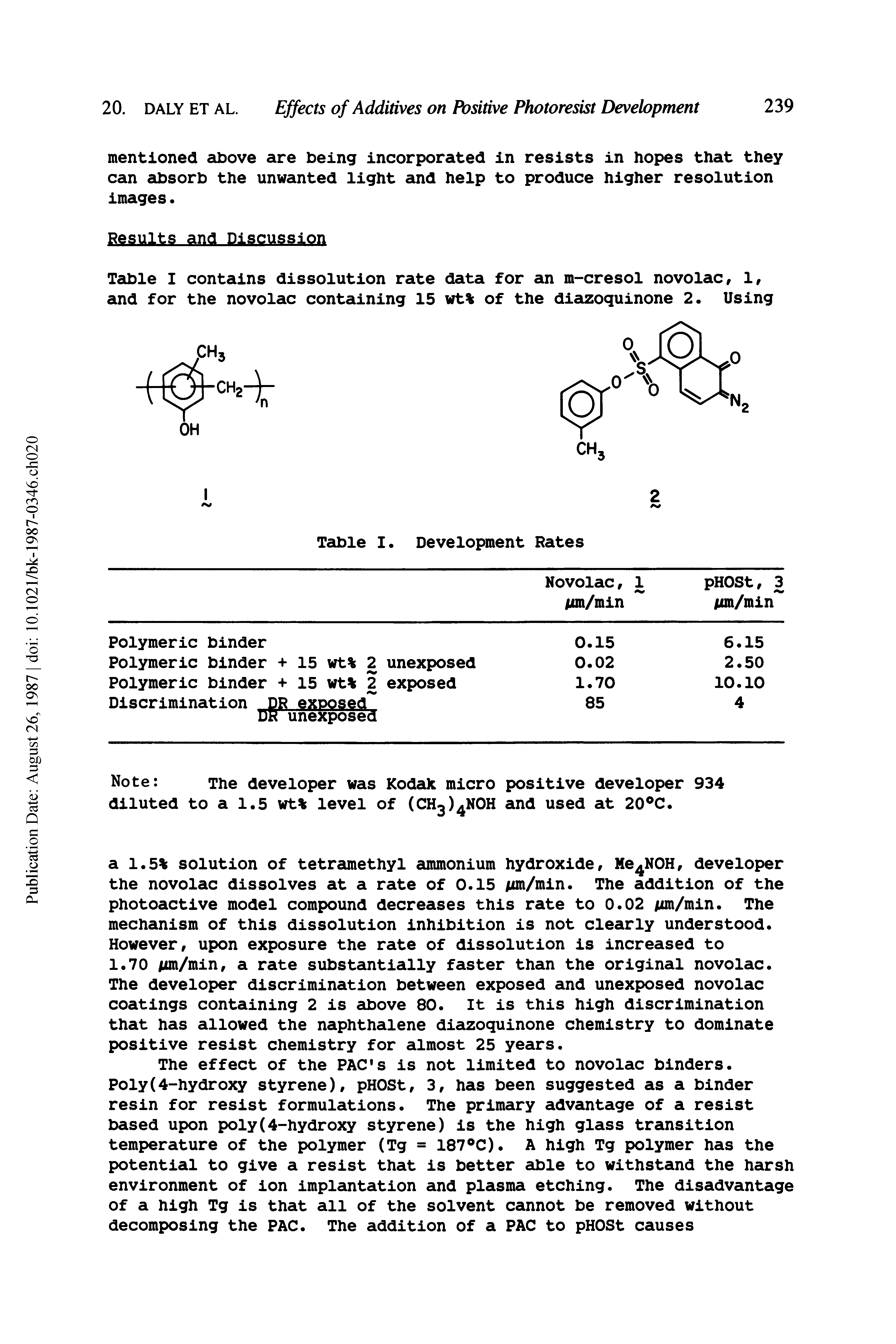 Table I contains dissolution rate data for an m-cresol novolac, 1, and for the novolac containing 15 wt% of the dicizoquinone 2. Using...