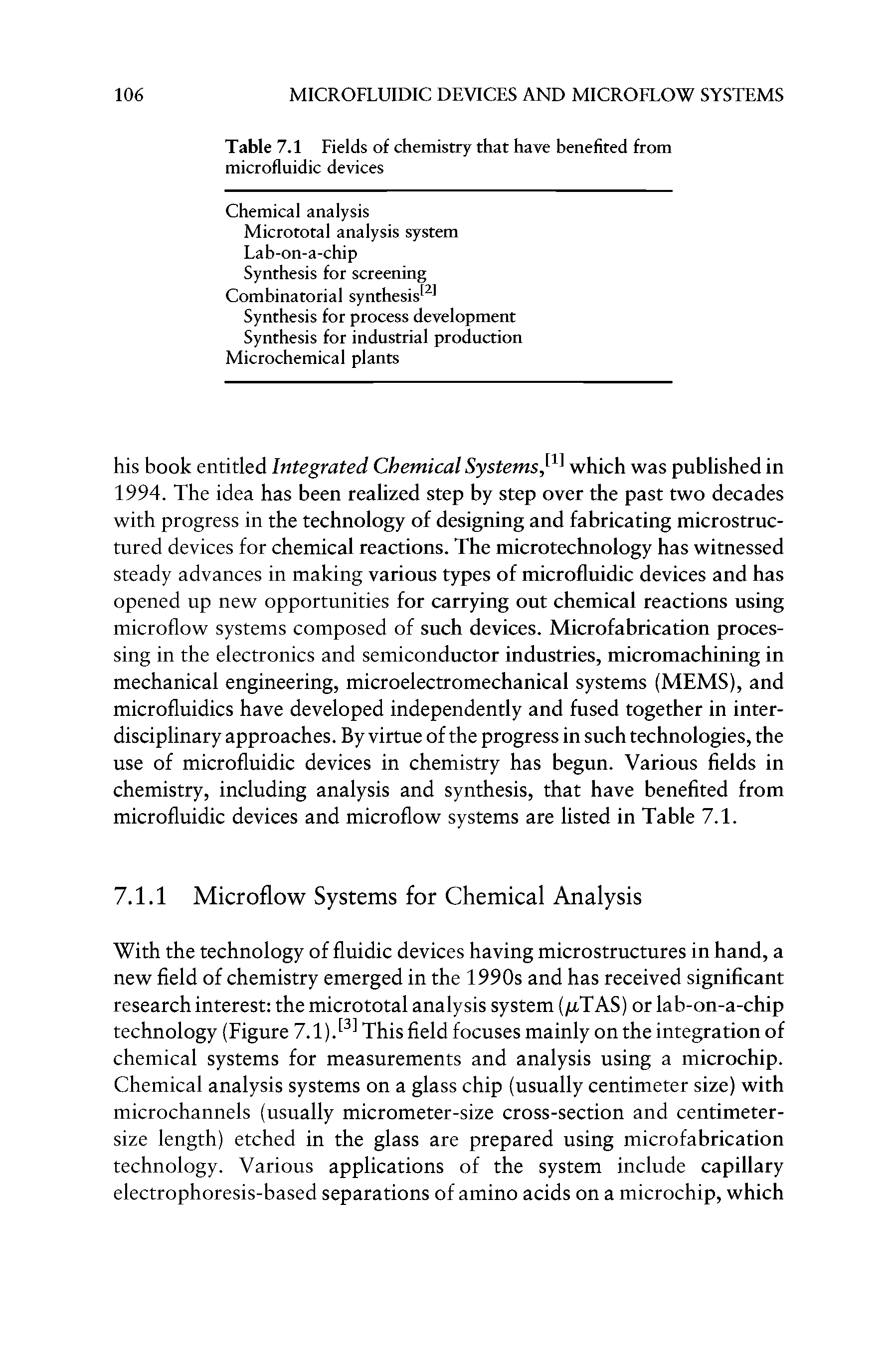 Table 7.1 Fields of chemistry that have benefited from microfluidic devices...