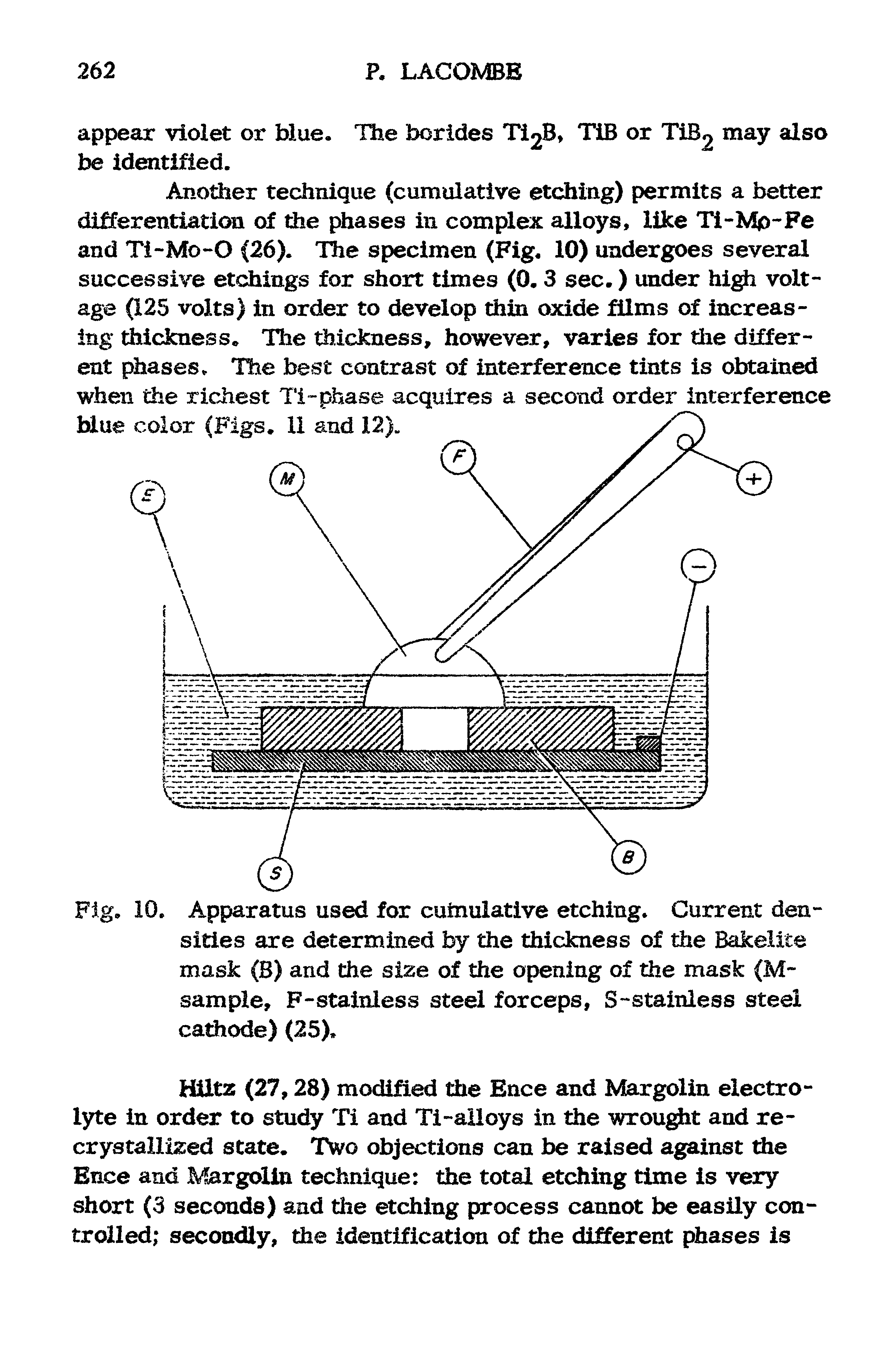 Fig. 10. Apparatus used for cuinulative etching. Current densities are determined by the thickness of the Bakelite mask (B) and the size of the opening of the mask (M-sample, F-stainless steel forceps, S-stainless steel cathode) (25),...