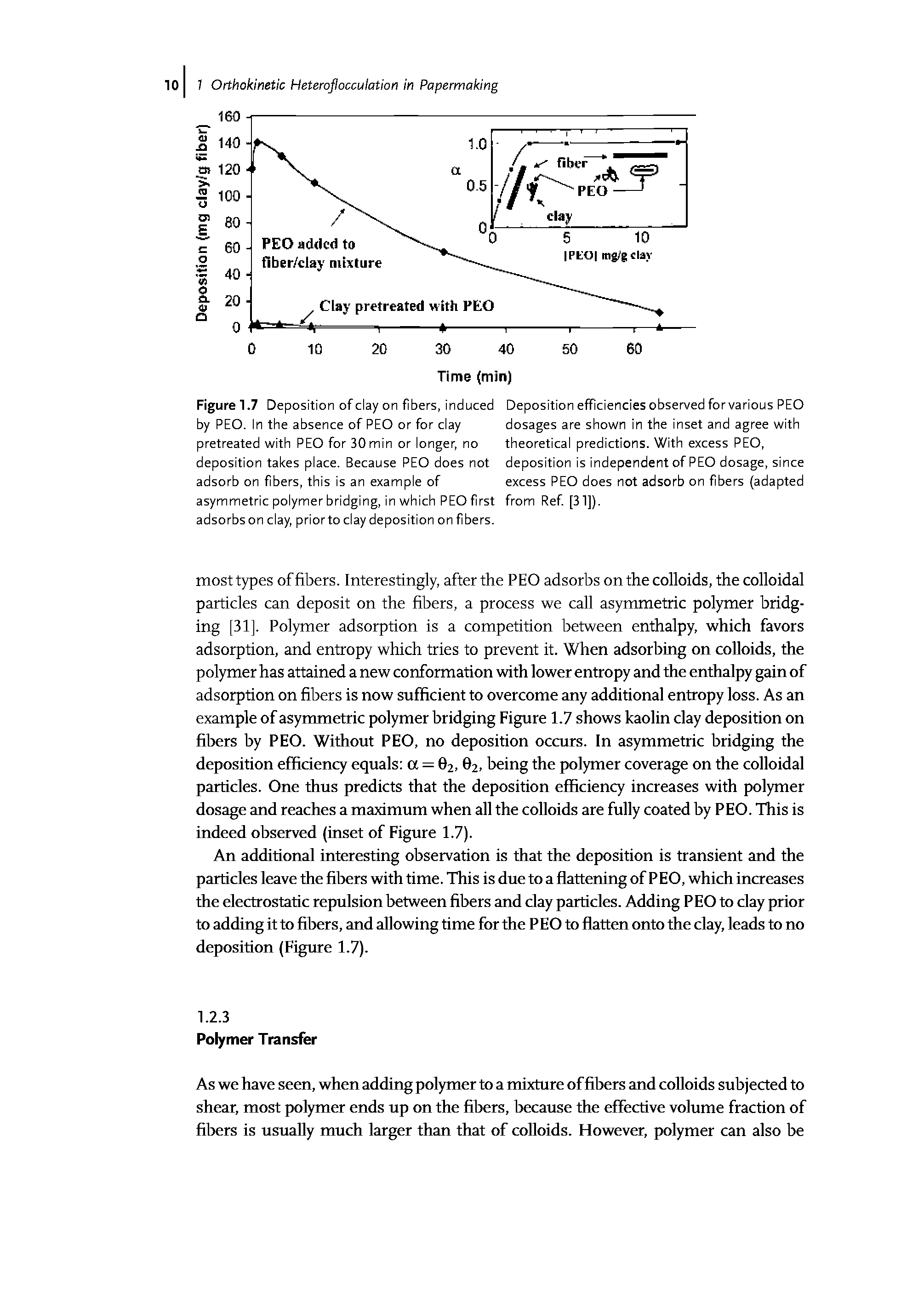 Figure 1.7 Deposition of clay on fibers, induced by PEO. In the absence of PEO or for clay pretreated with PEO for 30 min or longer, no deposition takes place. Because PEO does not adsorb on fibers, this is an example of asymmetric polymer bridging, in which PEO first from Ref [31]). adsorbs on clay, prior to clay deposition on fibers.