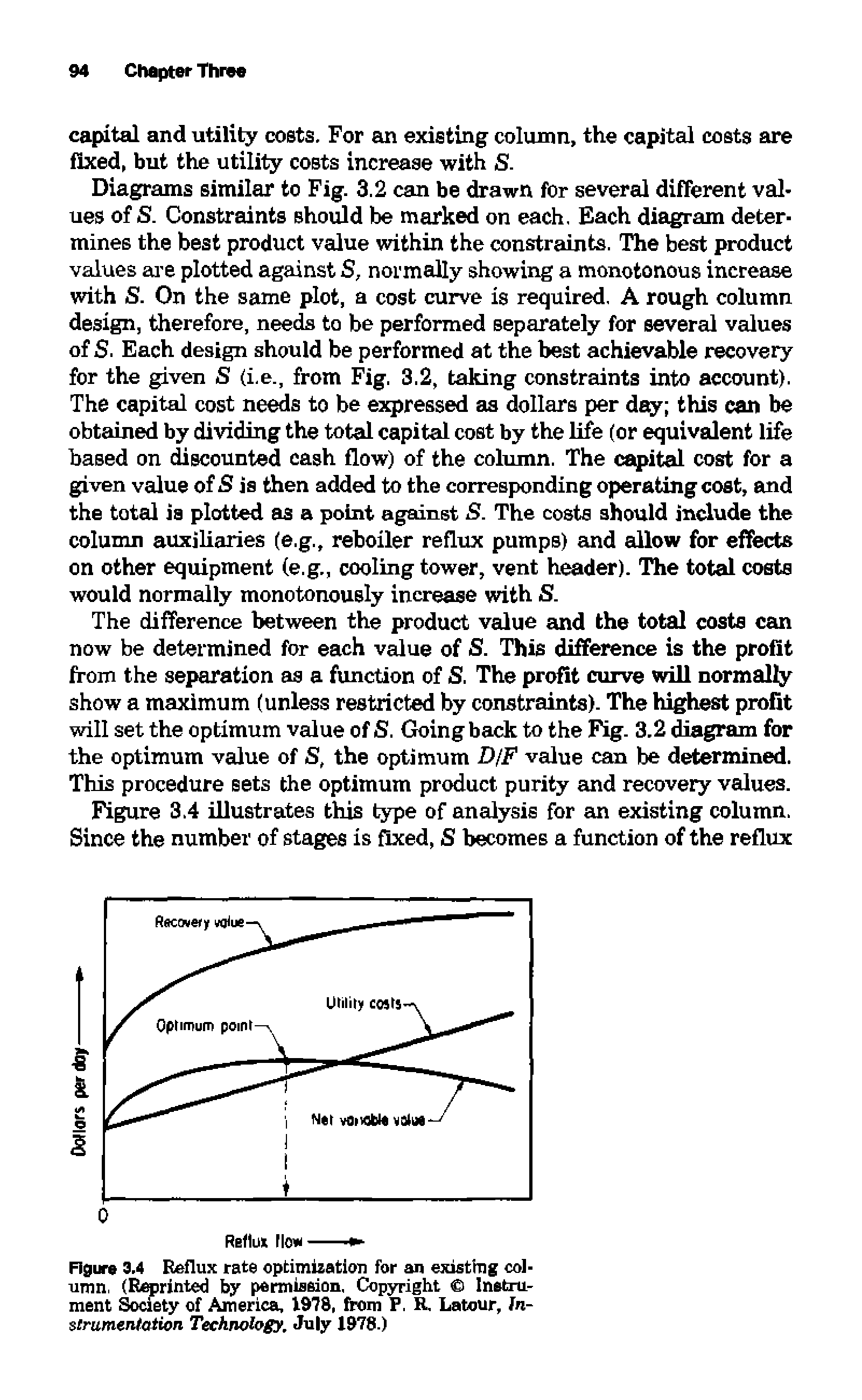 Figure 3.4 Reflux rate optimization for an existing column, (Reprinted by permission, Copyright Instrument Society of America, 1978, from P. R. Latour, instrumentation Technology. July 1978.)...