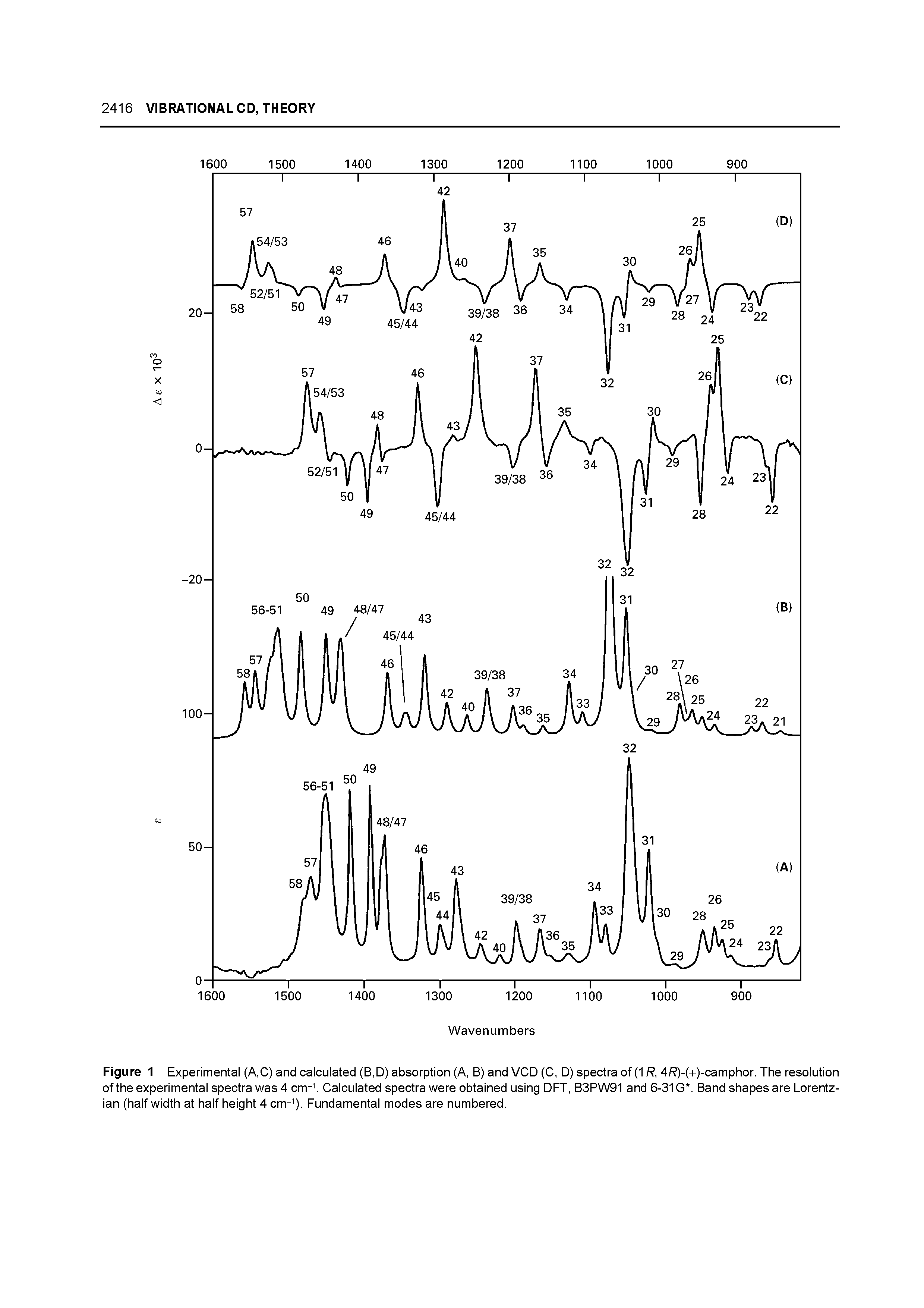 Figure 1 Experimental (A,C) and calculated (B,D) absorption (A, B) and VCD (C, D) spectra of (1R, 4/ )-(+)-camphor. The resolution of the experimental spectra was 4 cm-. Calculated spectra were obtained using DFT, B3PW91 and 6-31G. Band shapes are Lorentz-ian (half width at half height 4 cm- ). Fundamental modes are numbered.
