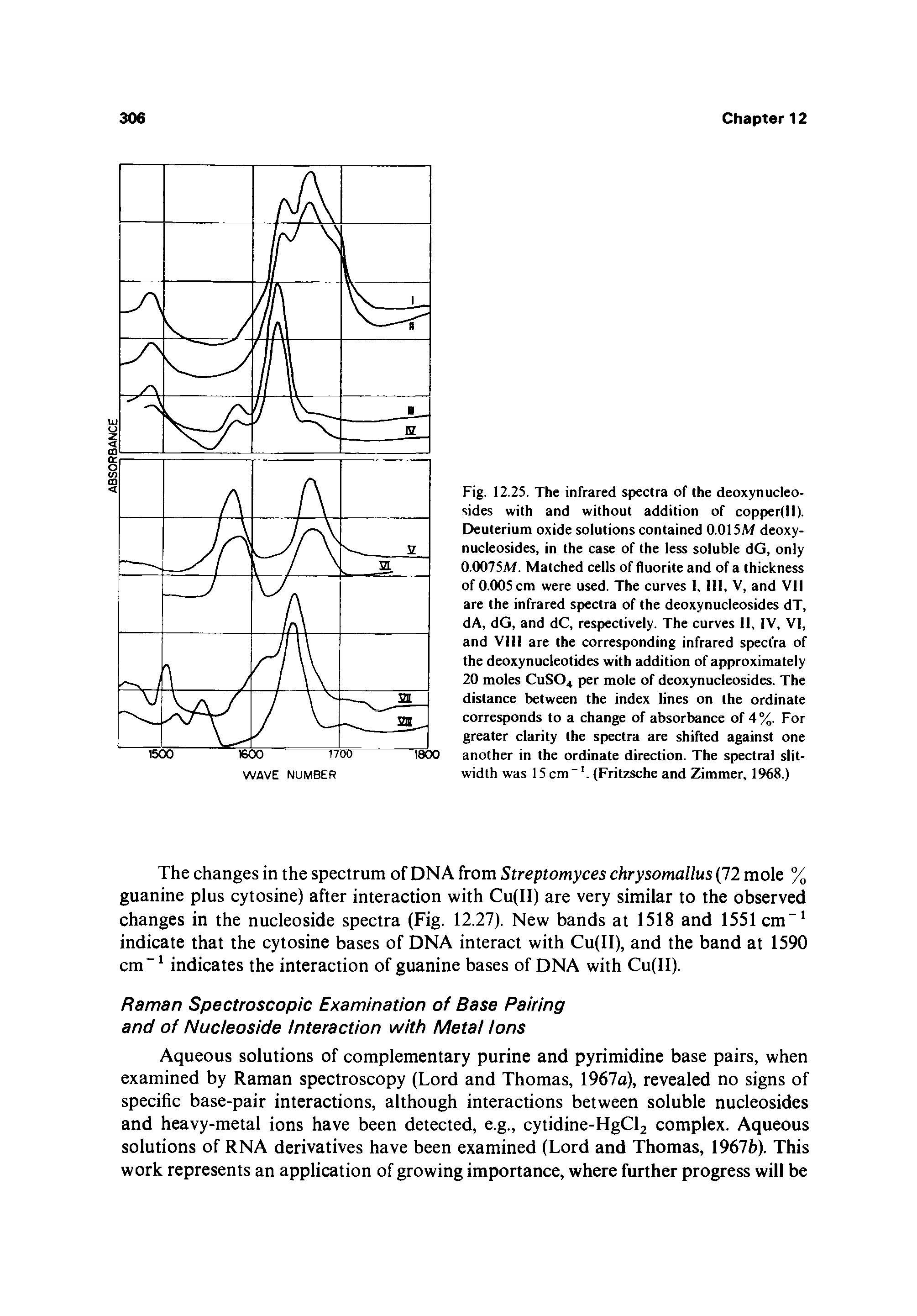 Fig. 12.25. The infrared spectra of the deoxynucleo-sides with and without addition of copperfll). Deuterium oxide solutions contained 0.015M deoxy-nucleosides, in the case of the less soluble dG, only 0.0075M. Matched cells of fluorite and of a thickness of 0.005cm were used. The curves I, III, V, and VII are the infrared spectra of the deoxynucleosides dT, dA, dG, and dC, respectively. The curves II, IV, VI, and VIII are the corresponding infrared spectra of the deoxynucleotides with addition of approximately 20 moles CUSO4 per mole of deoxynucleosides. The distance between the index lines on the ordinate corresponds to a change of absorbance of 4%. For greater clarity the spectra are shifted against one another in the ordinate direction. The spectral slit-width was 15 cm . (Fritzsche and Zimmer, 1968.)...