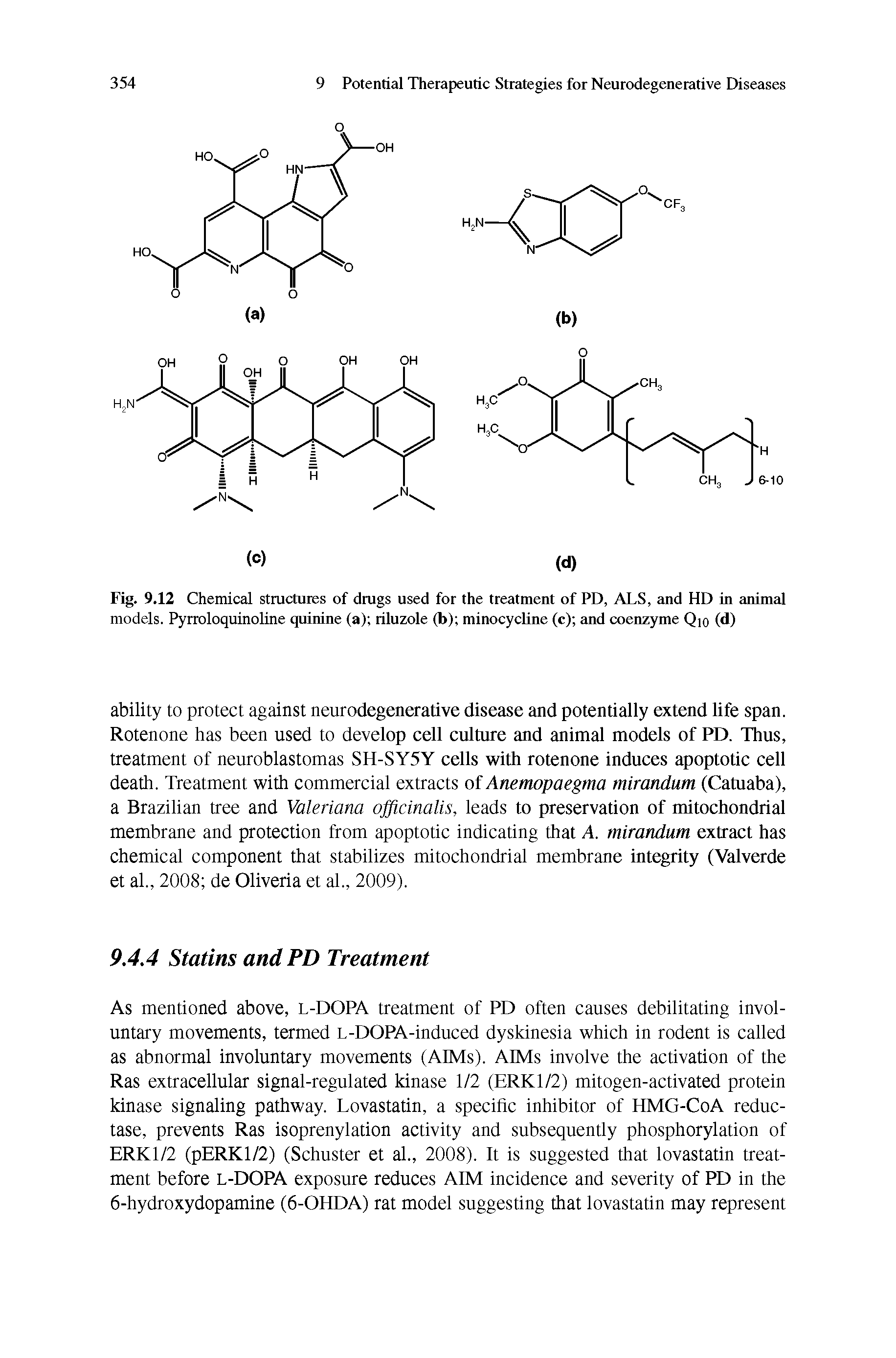 Fig. 9.12 Chemical structures of drugs used for the treatment of PD, ALS, and HD in animal models. Pyrroloquinoline quinine (a) riluzole (b) minocycline (c) and coenzyme Qio (d)...