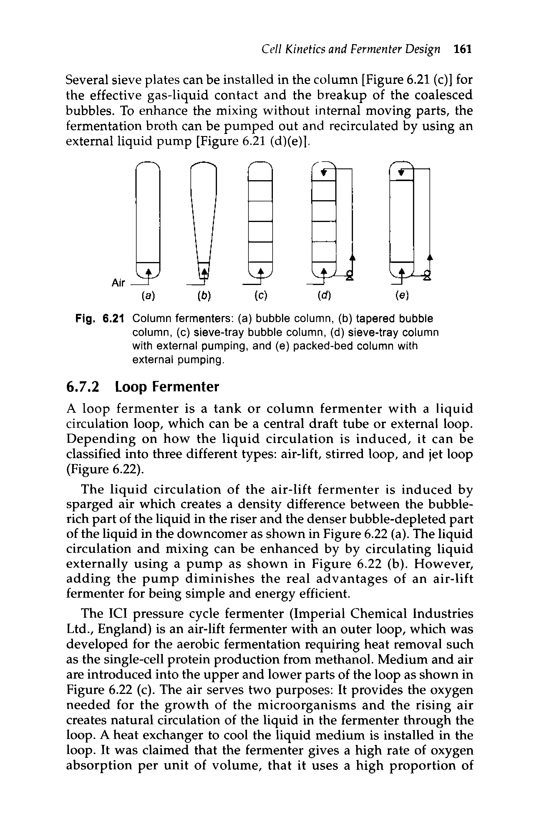 Fig. 6.21 Column fermenters (a) bubble column, (b) tapered bubble column, (c) sieve-tray bubble column, (d) sieve-tray column with external pumping, and (e) packed-bed column with external pumping.