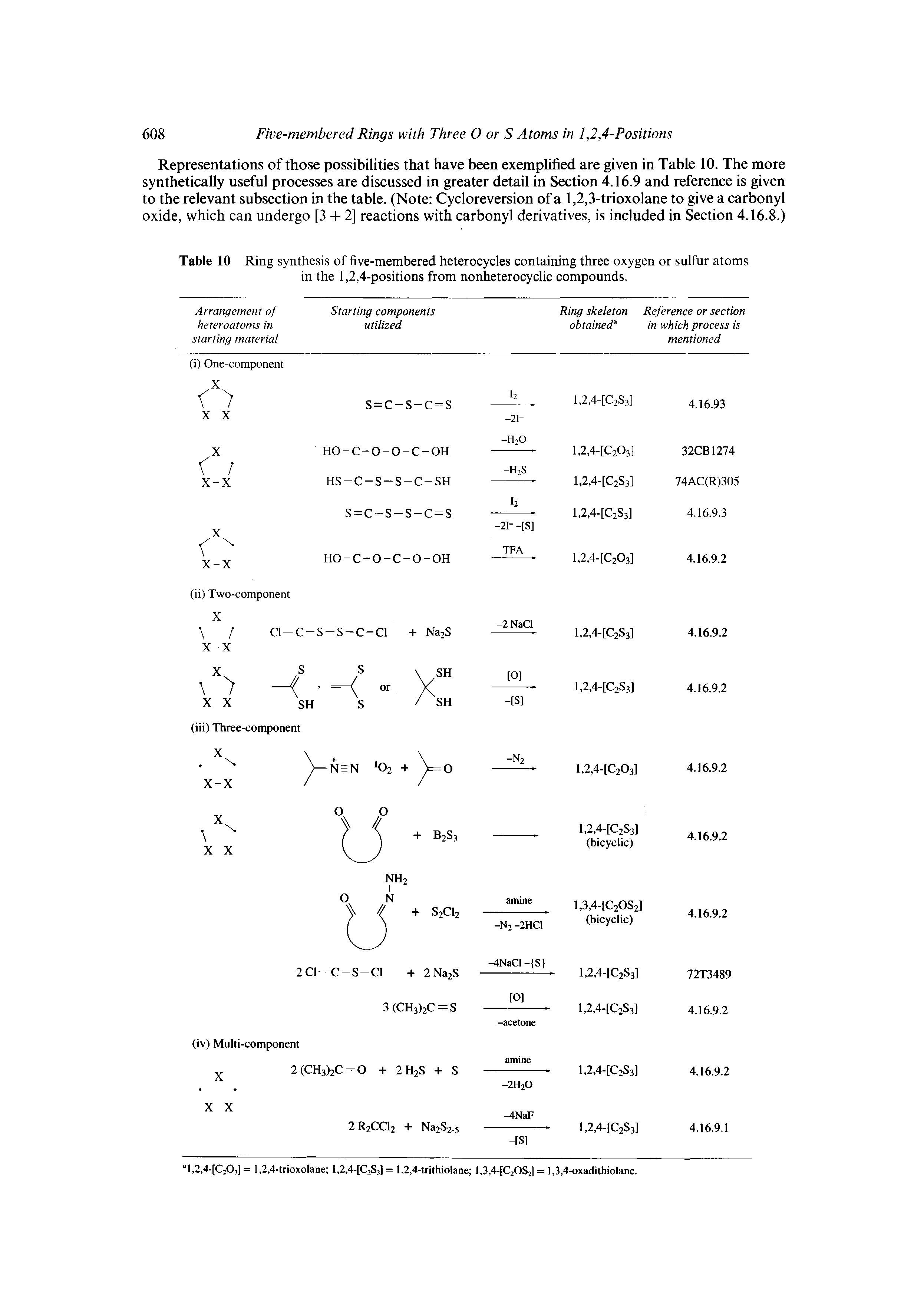 Table 10 Ring synthesis of five-membered heterocycles containing three oxygen or sulfur atoms in the 1,2,4-positions from nonheterocyclic compounds.
