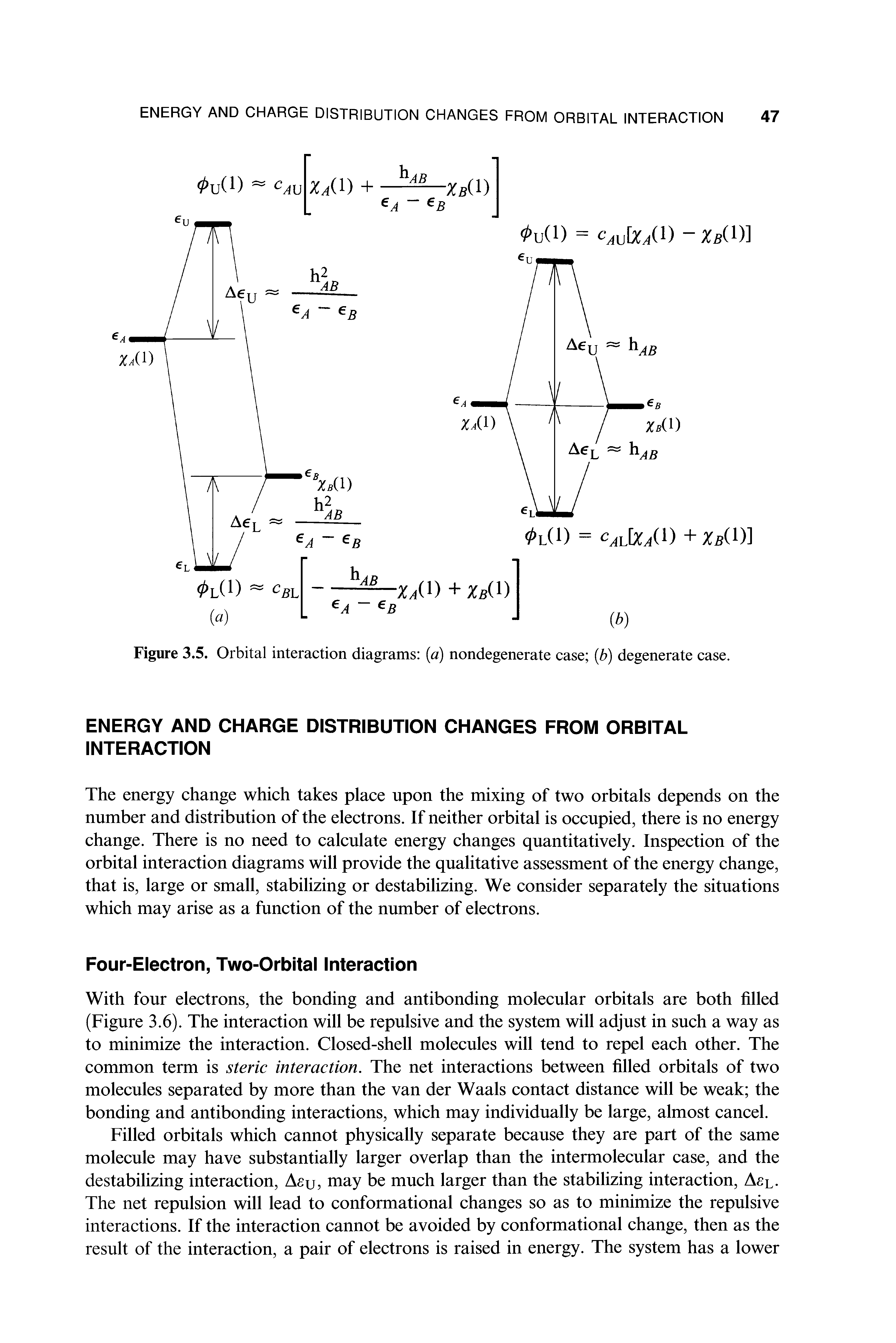 Figure 3.5. Orbital interaction diagrams a) nondegenerate case (b) degenerate case.