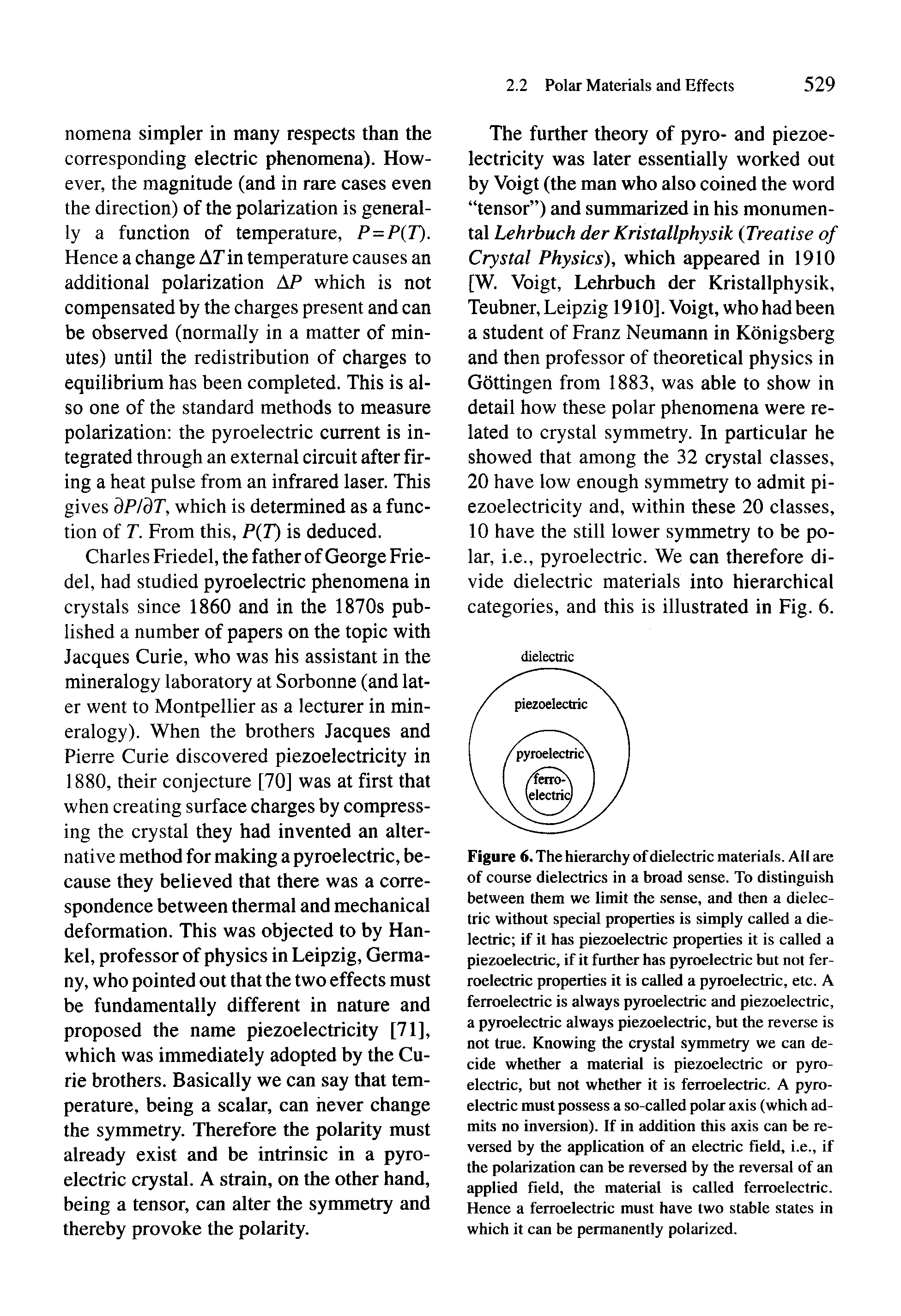 Figure 6. The hierarchy of dielectric materials. All are of course dielectrics in a broad sense. To distinguish between them we limit the sense, and then a dielectric without special properties is simply called a dielectric if it has piezoelectric properties it is called a piezoelectric, if it further has pyroelectric but not ferroelectric properties it is called a pyroelectric, etc. A ferroelectric is always pyroelectric and piezoelectric, a pyroelectric always piezoelectric, but the reverse is not true. Knowing the crystal symmetry we can decide whether a material is piezoelectric or pyroelectric, but not whether it is ferroelectric. A pyroelectric must possess a so-called polar axis (which admits no inversion). If in addition this axis can be reversed by the application of an electric field, i.e., if the polarization can be reversed by the reversal of an applied field, the material is called ferroelectric. Hence a ferroelectric must have two stable states in which it can be permanently polarized.