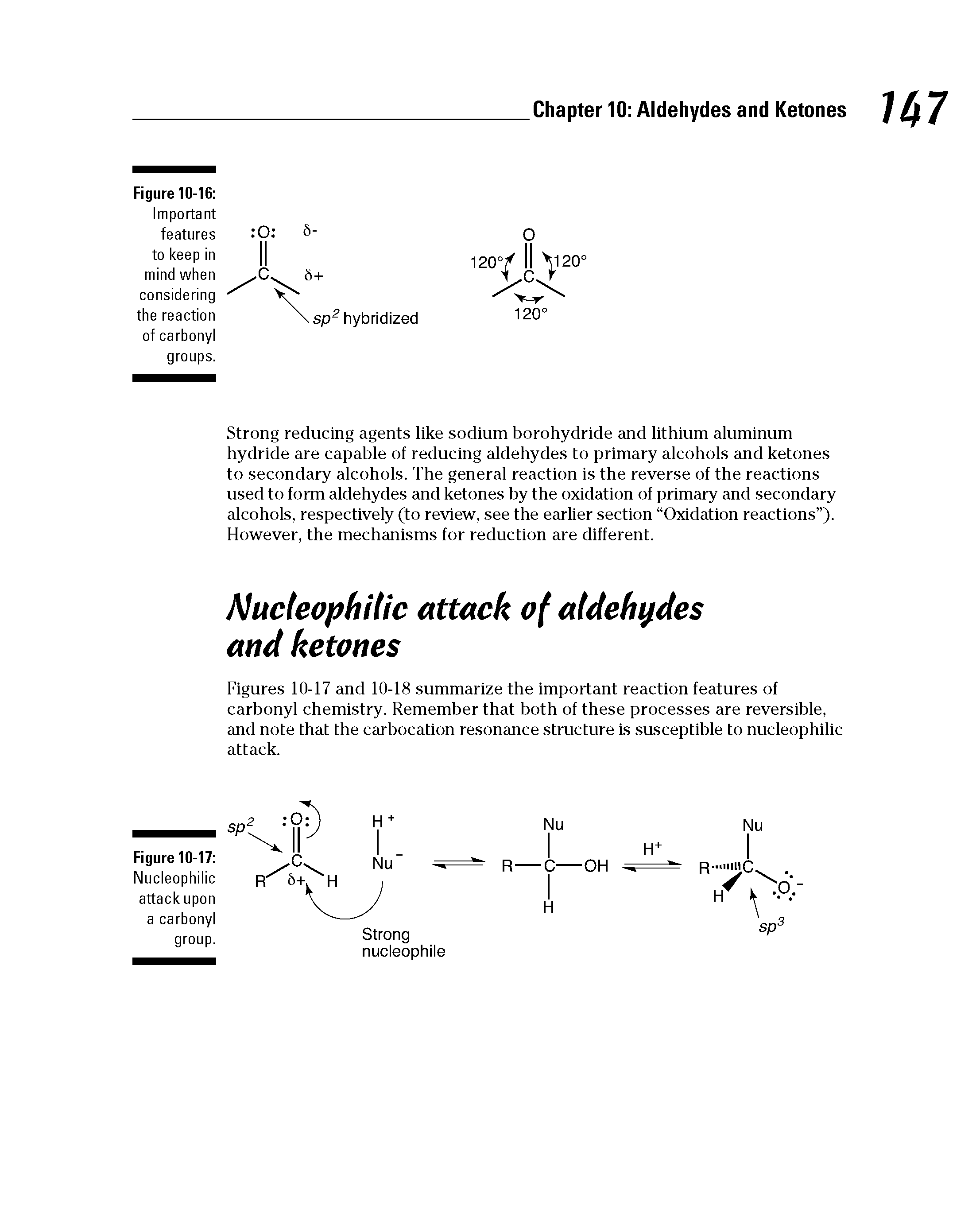 Figures 10-17 and 10-18 summarize the important reaction features of carbonyl chemistry. Remember that both of these processes are reversible, and note that the carbocation resonance structure is susceptible to nucleophilic attack.