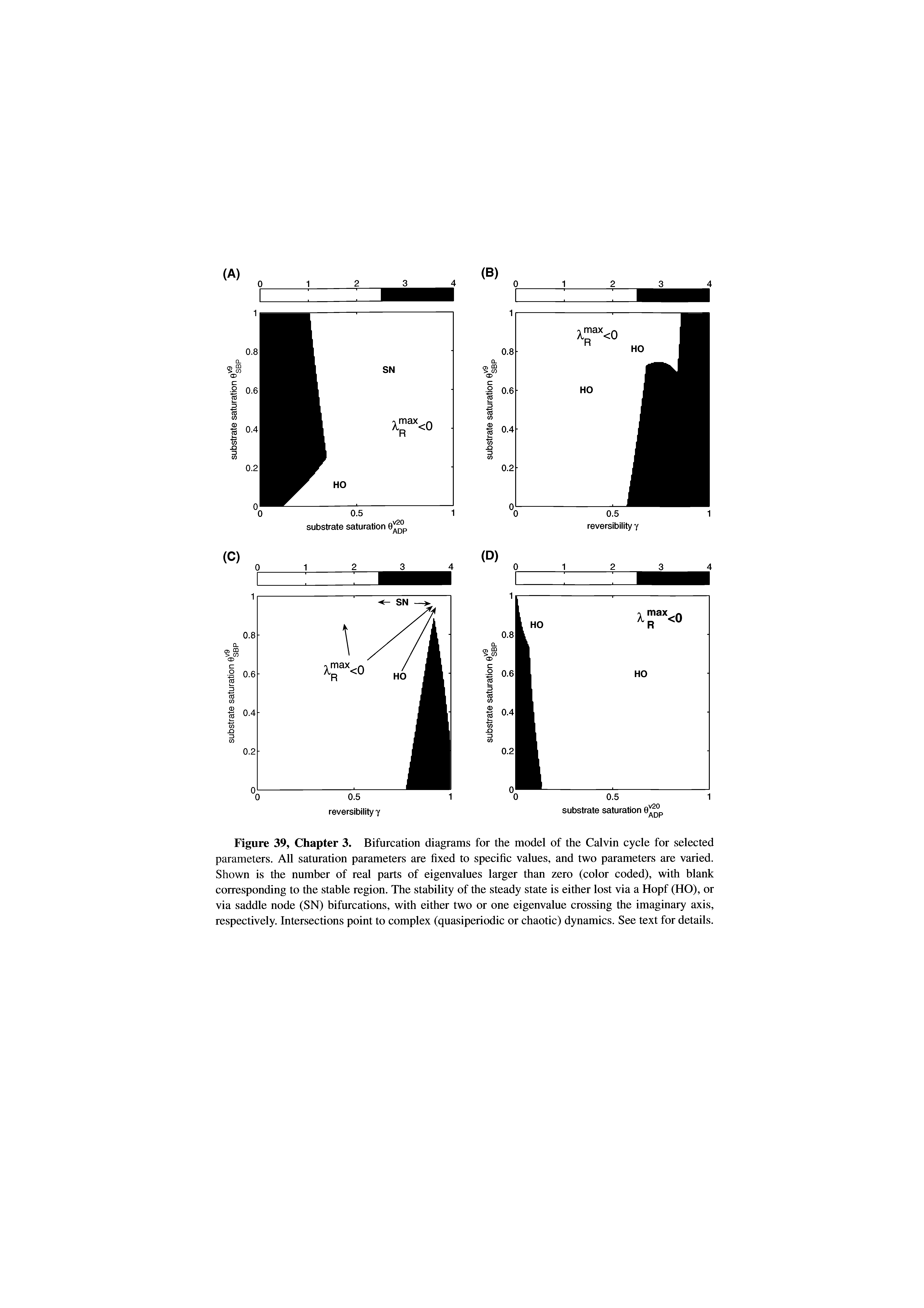 Figure 39, Chapter 3. Bifurcation diagrams for the model of the Calvin cycle for selected parameters. All saturation parameters are fixed to specific values, and two parameters are varied. Shown is the number of real parts of eigenvalues larger than zero (color coded), with blank corresponding to the stable region. The stability of the steady state is either lost via a Hopf (HO), or via saddle node (SN) bifurcations, with either two or one eigenvalue crossing the imaginary axis, respectively. Intersections point to complex (quasiperiodic or chaotic) dynamics. See text for details.