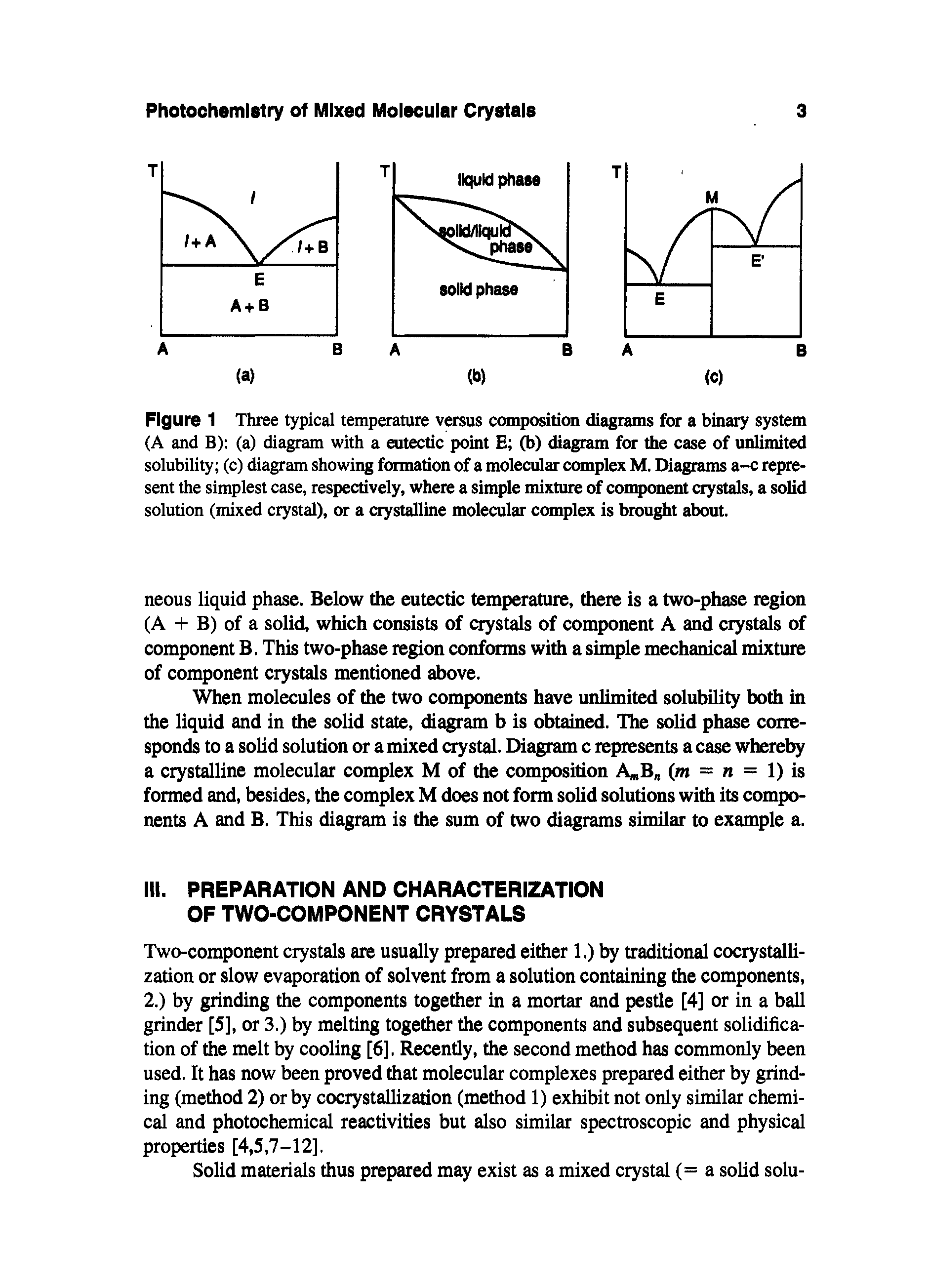 Figure 1 Three typical temperature versus composition diagrams for a binary system (A and B) (a) diagram with a eutectic point E (b) diagram for the case of unlimited solubility (c) diagram showing formation of a molecular complex M. Diagrams a-c represent the simplest case, respectively, where a simple mixture of component crystals, a solid solution (mixed crystal), or a crystalline molecular complex is brought about.