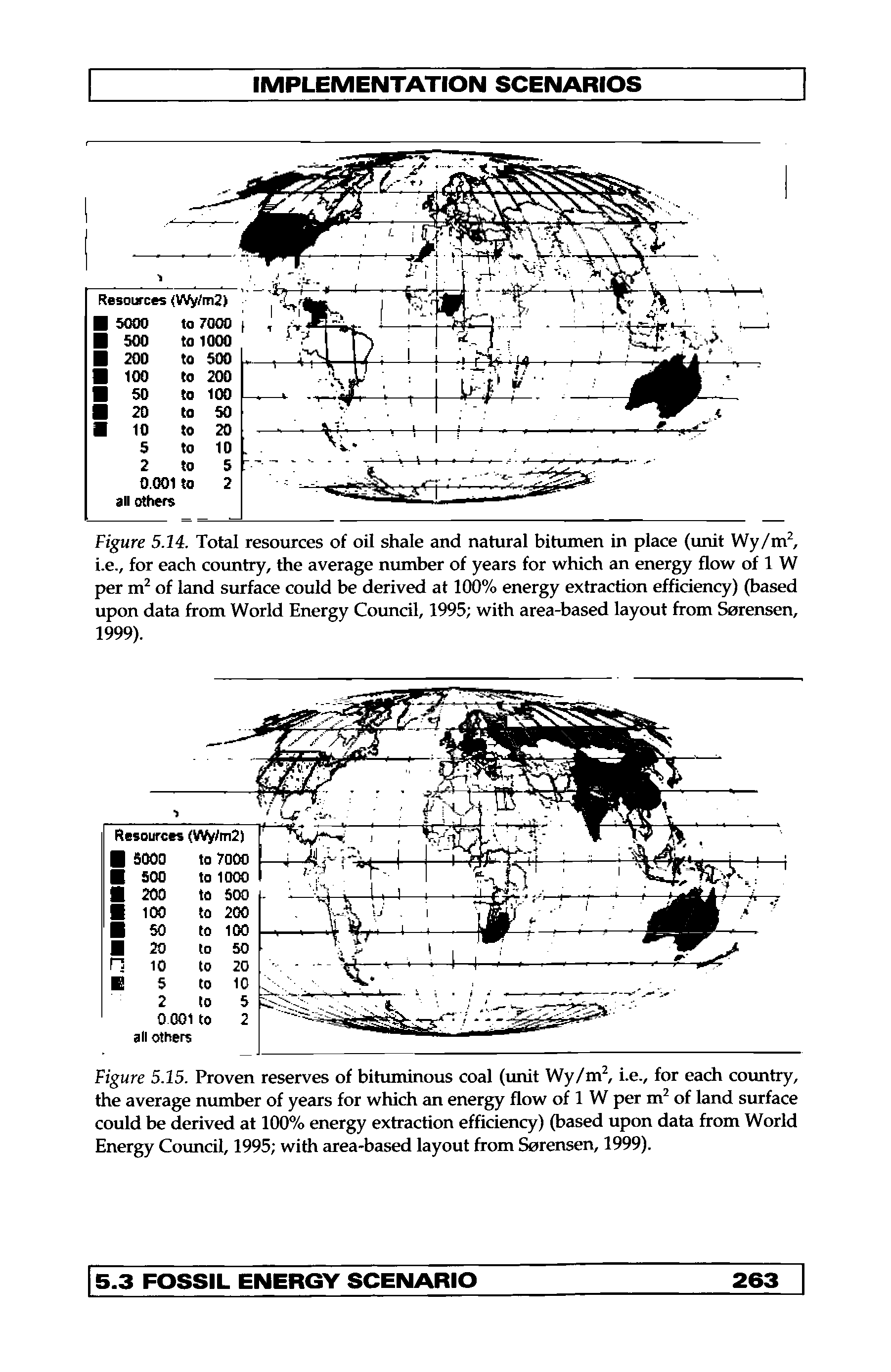 Figure 5.15. Proven reserves of bituminous coal (unit Wy/m i.e., for each cotmtry, the average number of years for which an energy flow of 1 W per m of land surface could be derived at 100% energy extraction efficiency) (based upon data from World Energy Council, 1995 with area-based layout from Sorensen, 1999).