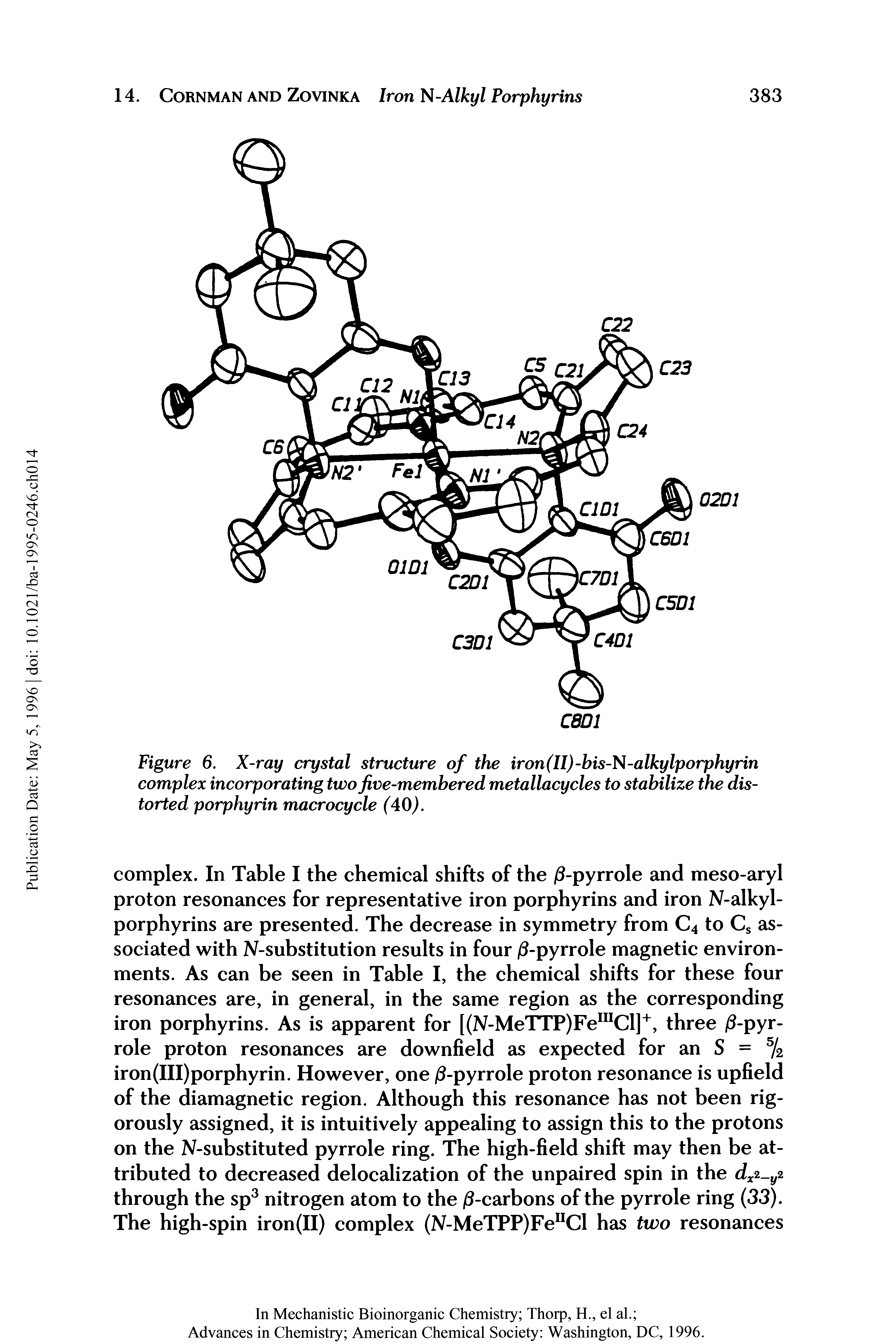 Figure 6. X-ray crystal structure of the iron(II)-bis-N-alkylporphyrin complex incorporating twofive-membered metallacycles to stabilize the distorted porphyrin macrocycle (40).