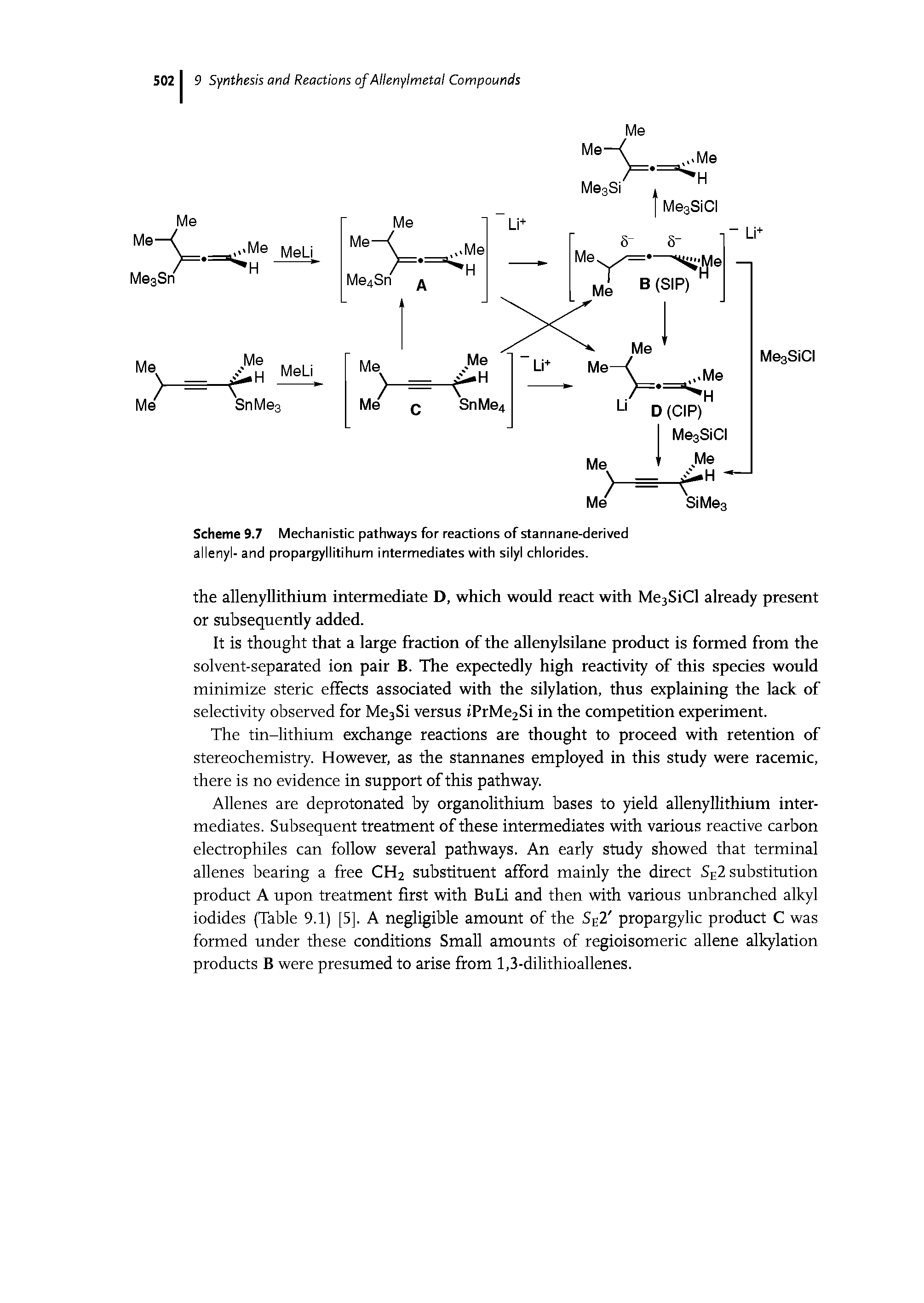 Scheme 9.7 Mechanistic pathways for reactions of stannane-derived allenyl- and propargyllitihum intermediates with silyl chlorides.