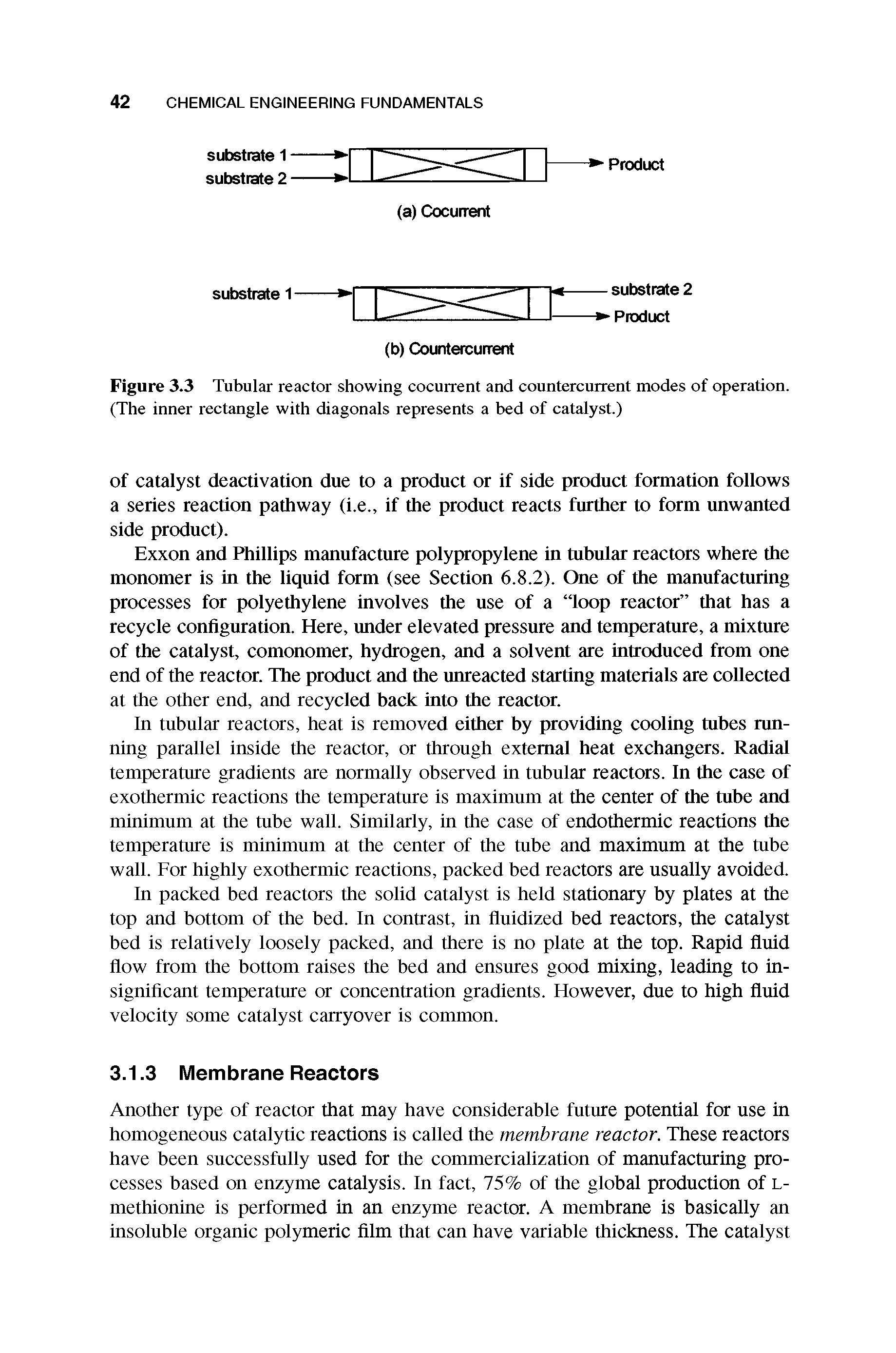 Figure 3.3 Tubular reactor showing cocurrent and countercurrent modes of operation. (The inner rectangle with diagonals represents a bed of catalyst.)...