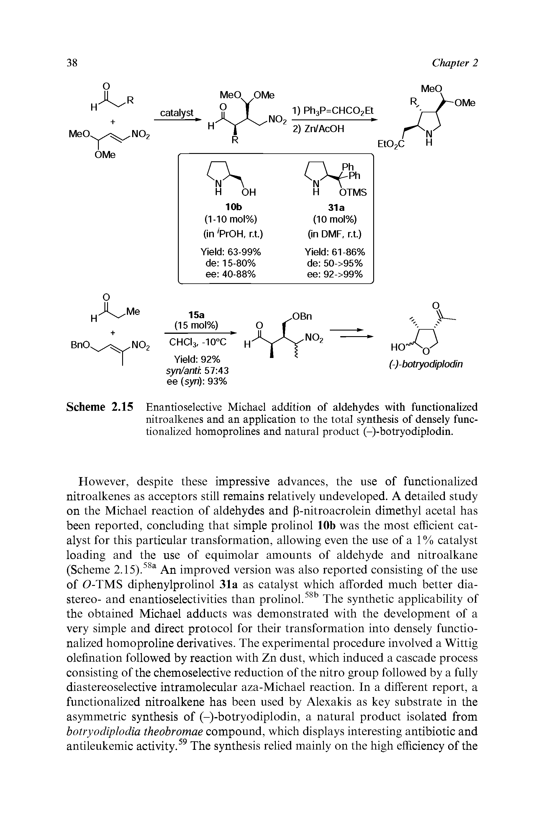 Scheme 2.15 Enantioselective Michael addition of aldehydes with functionalized nitroalkenes and an application to the total synthesis of densely functionalized homoprolines and natural product (-)-botryodipIodin.