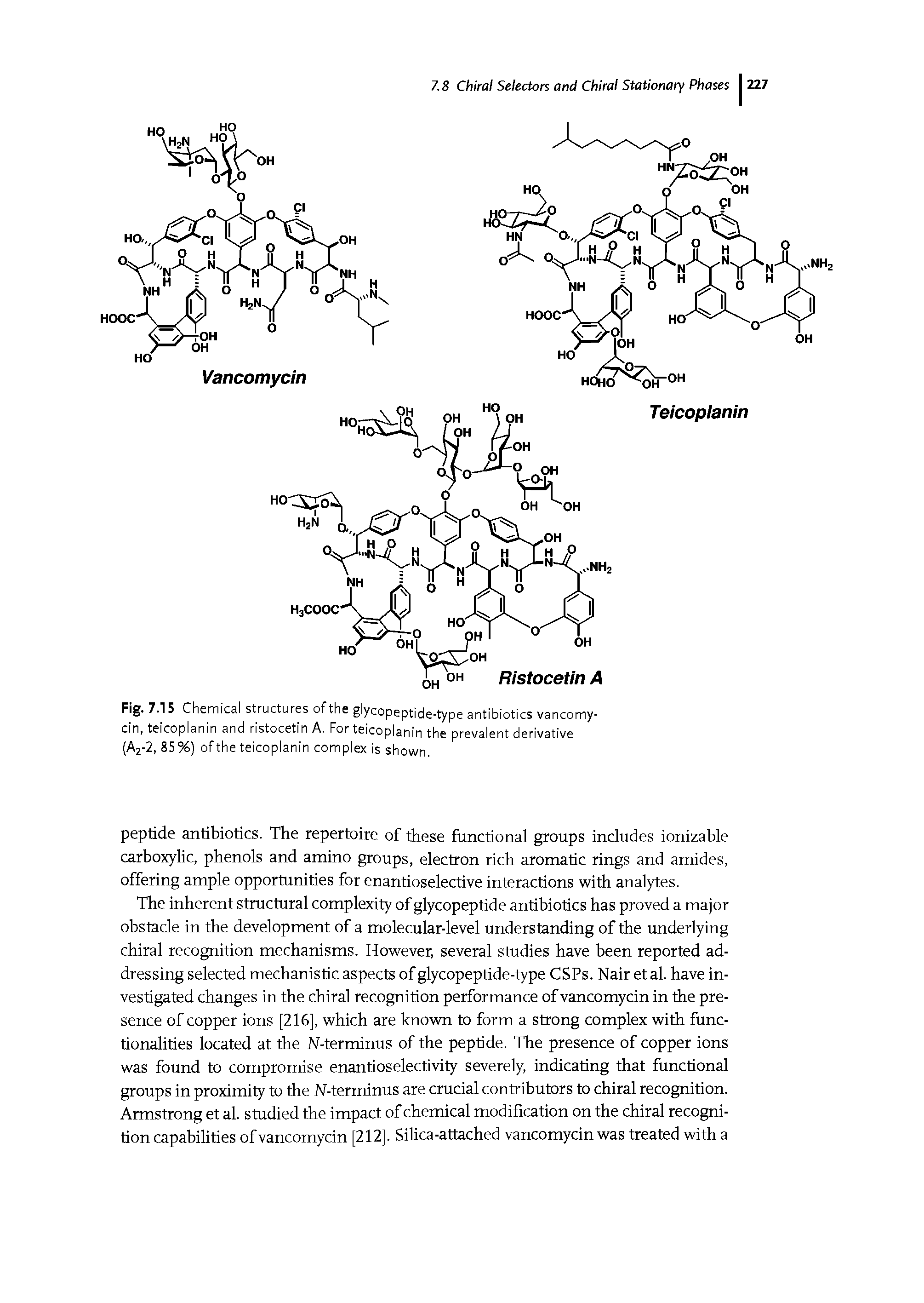 Fig. 7.15 Chemical structures of the glycopeptide-type antibiotics vancomycin, teicoplanin and ristocetin A. For teicoplanin the prevalent derivative (A2-2, 85%) of the teicoplanin complex is shown.